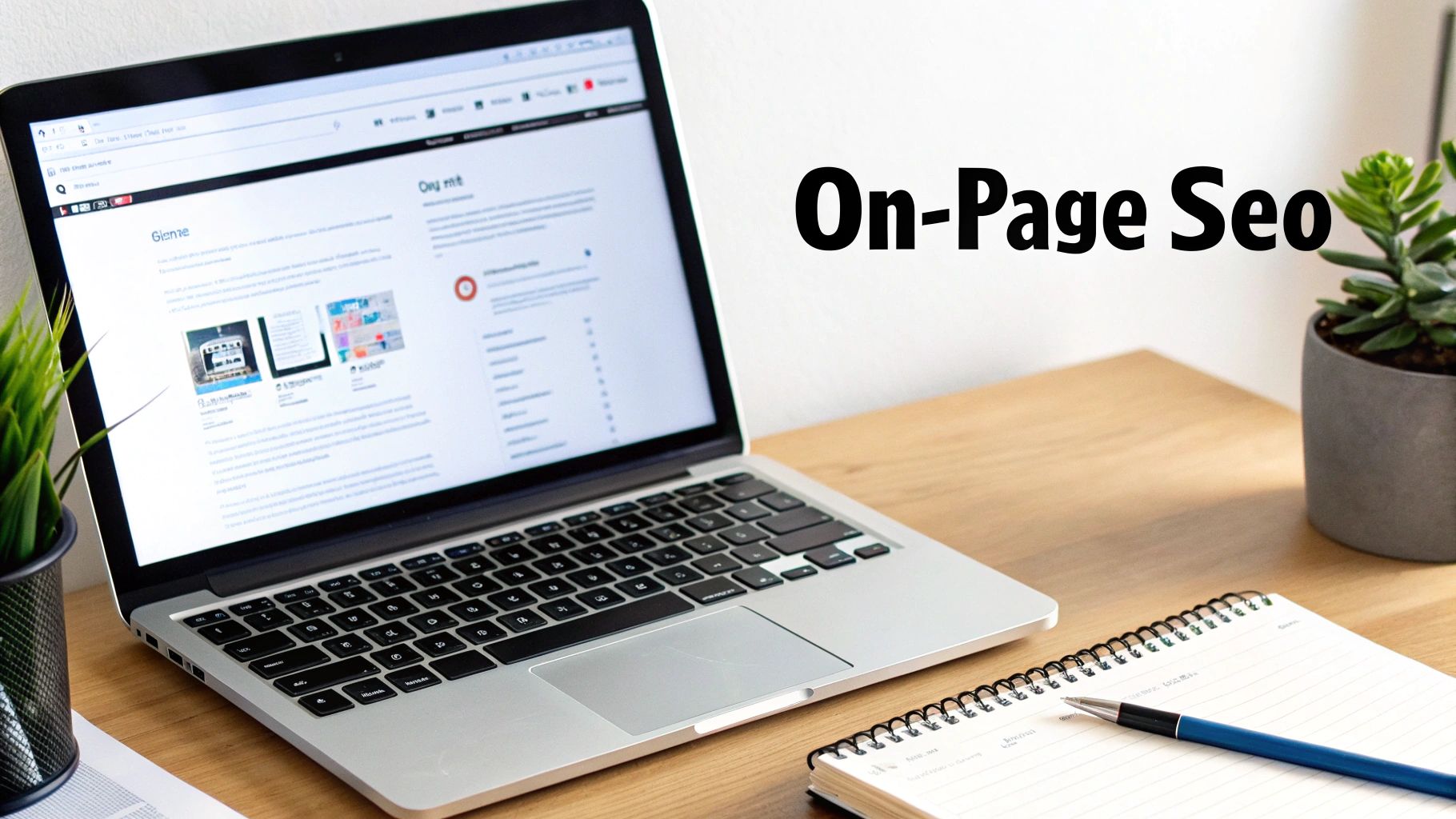 Laptop on a desk with a notebook, pen, plants, and 'On-Page Seo' text on the wall.