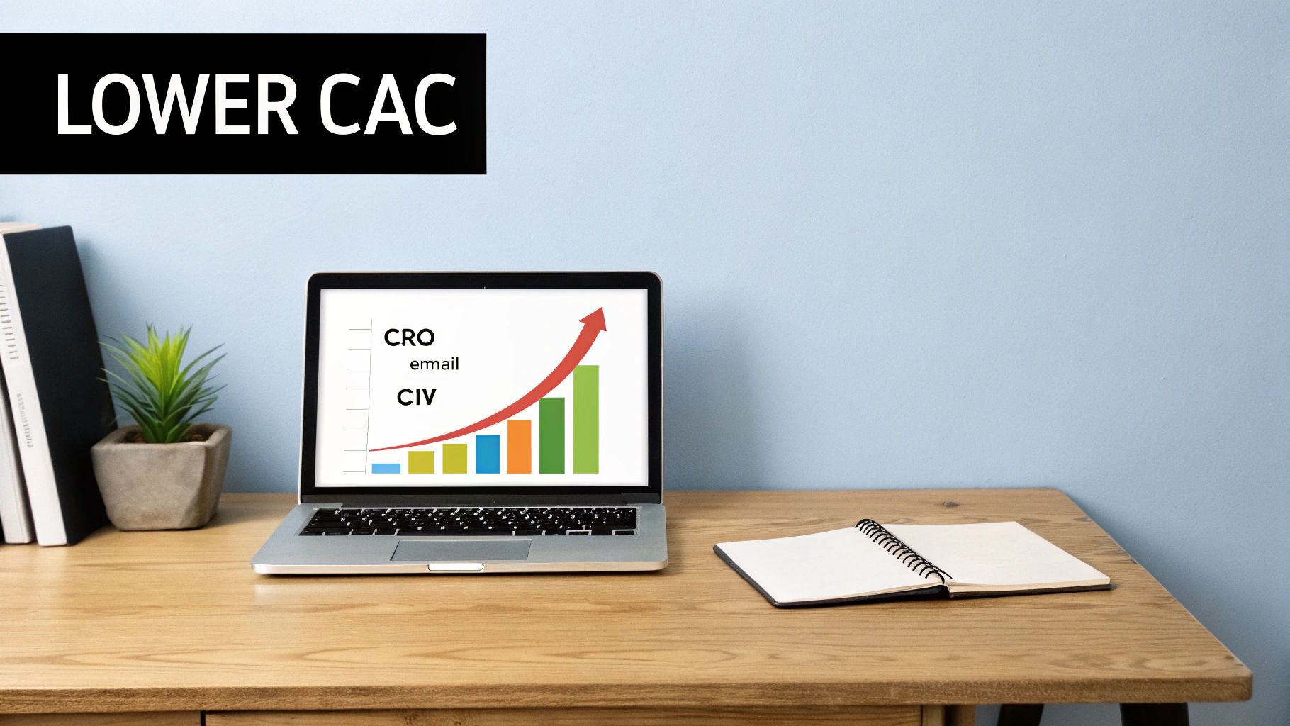 A laptop displays a bar graph showing metrics like CRO, email, CIV with a red arrow up, and 'LOWER CAC' text.