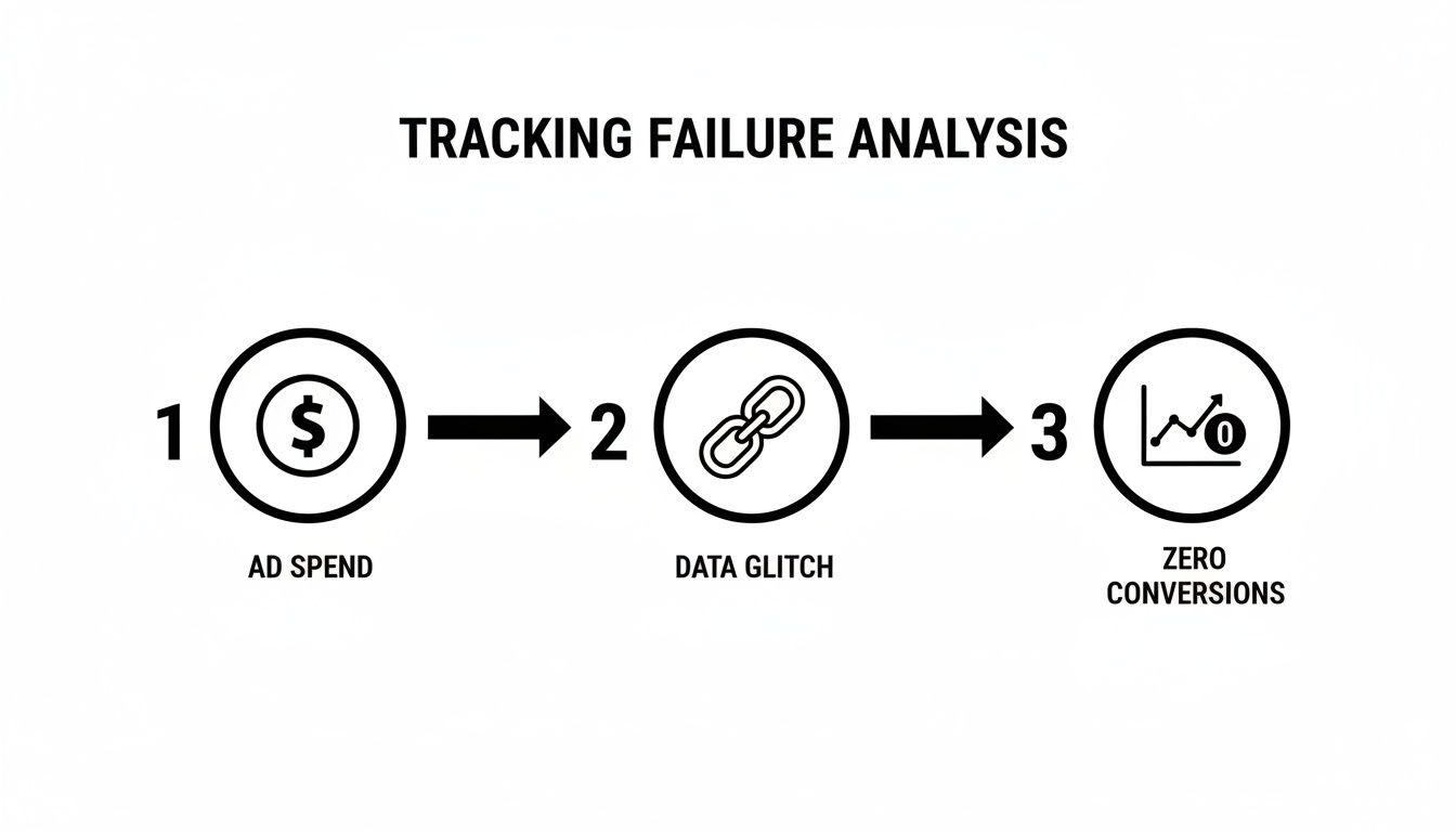 A diagram illustrating tracking failure analysis: ad spend, data glitch, and zero conversions.