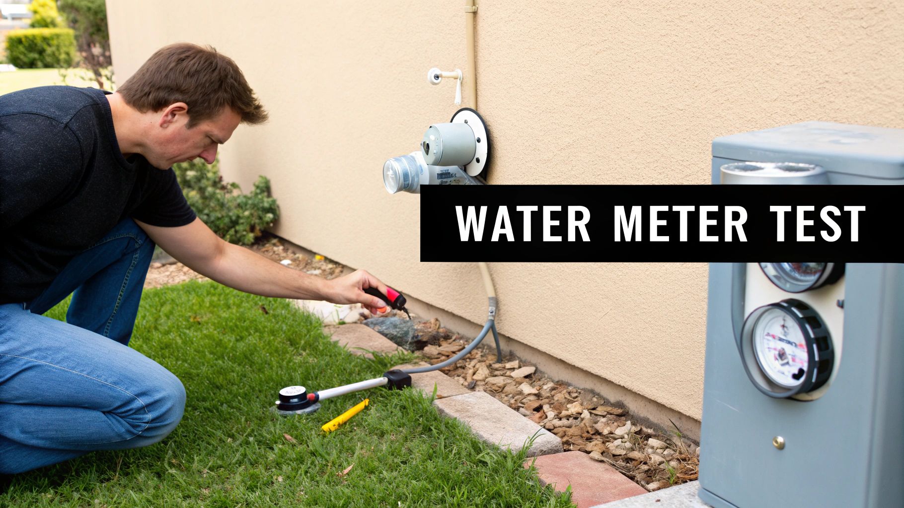 A man crouches outdoors, using equipment to perform a water meter test for potential leaks.