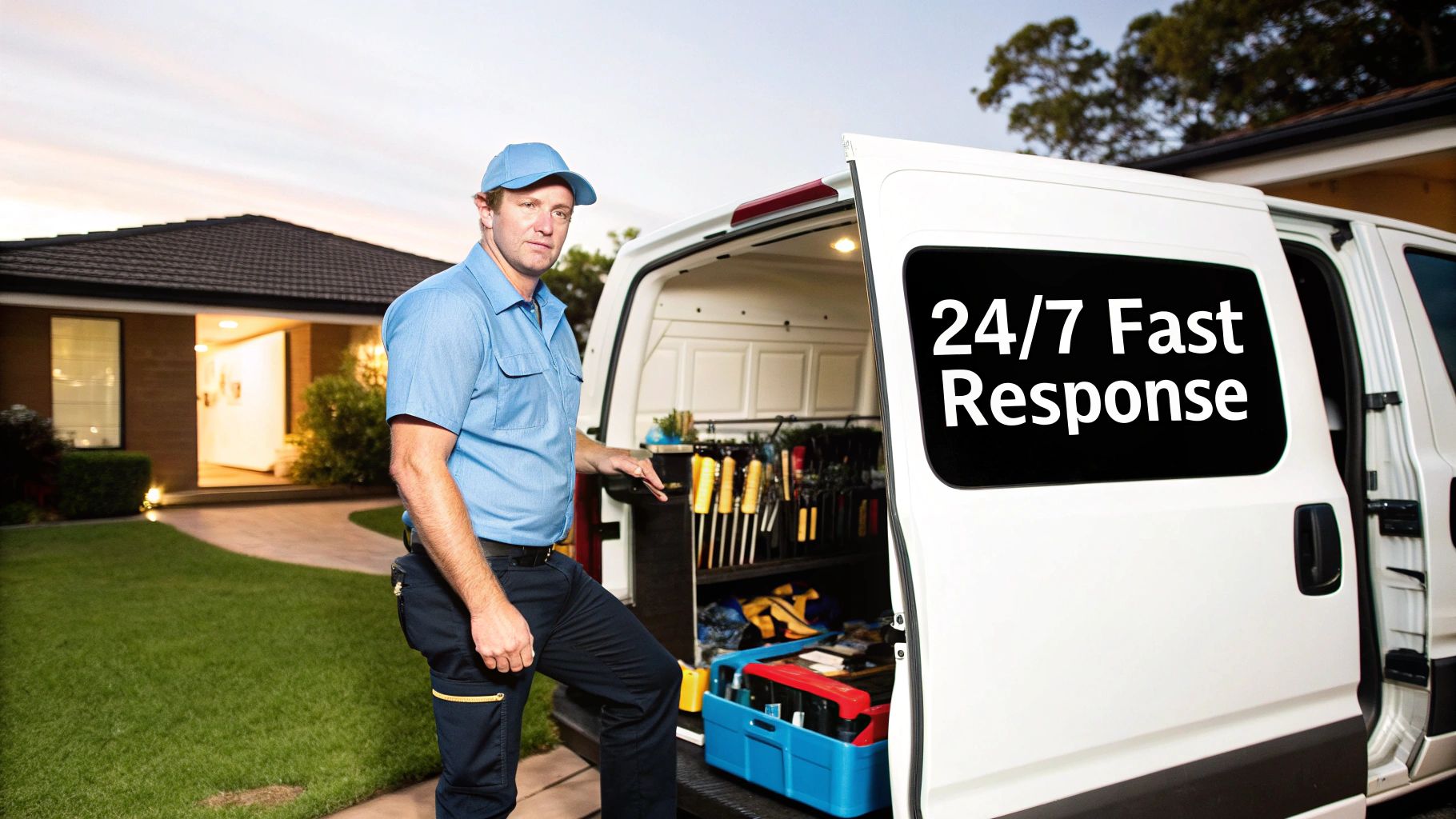 A service technician in a blue uniform stands by his van filled with tools, ready for 24/7 fast response.