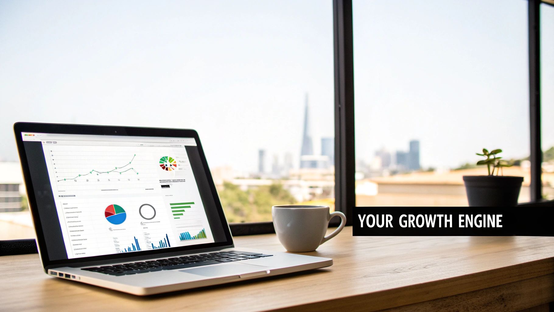 Laptop displaying business analytics dashboard with growth charts, coffee, and city skyline view.