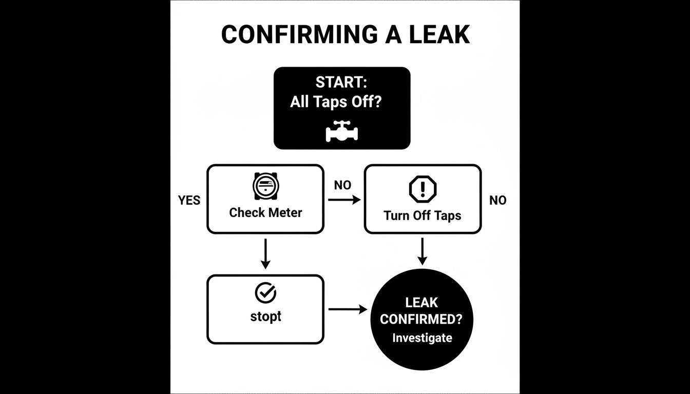 A flowchart detailing steps to confirm a water leak, involving checking taps and the water meter.