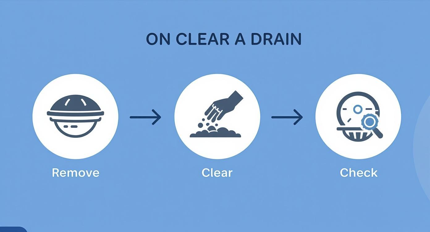A three-step infographic showing how to clear a drain: remove, clear, and check.