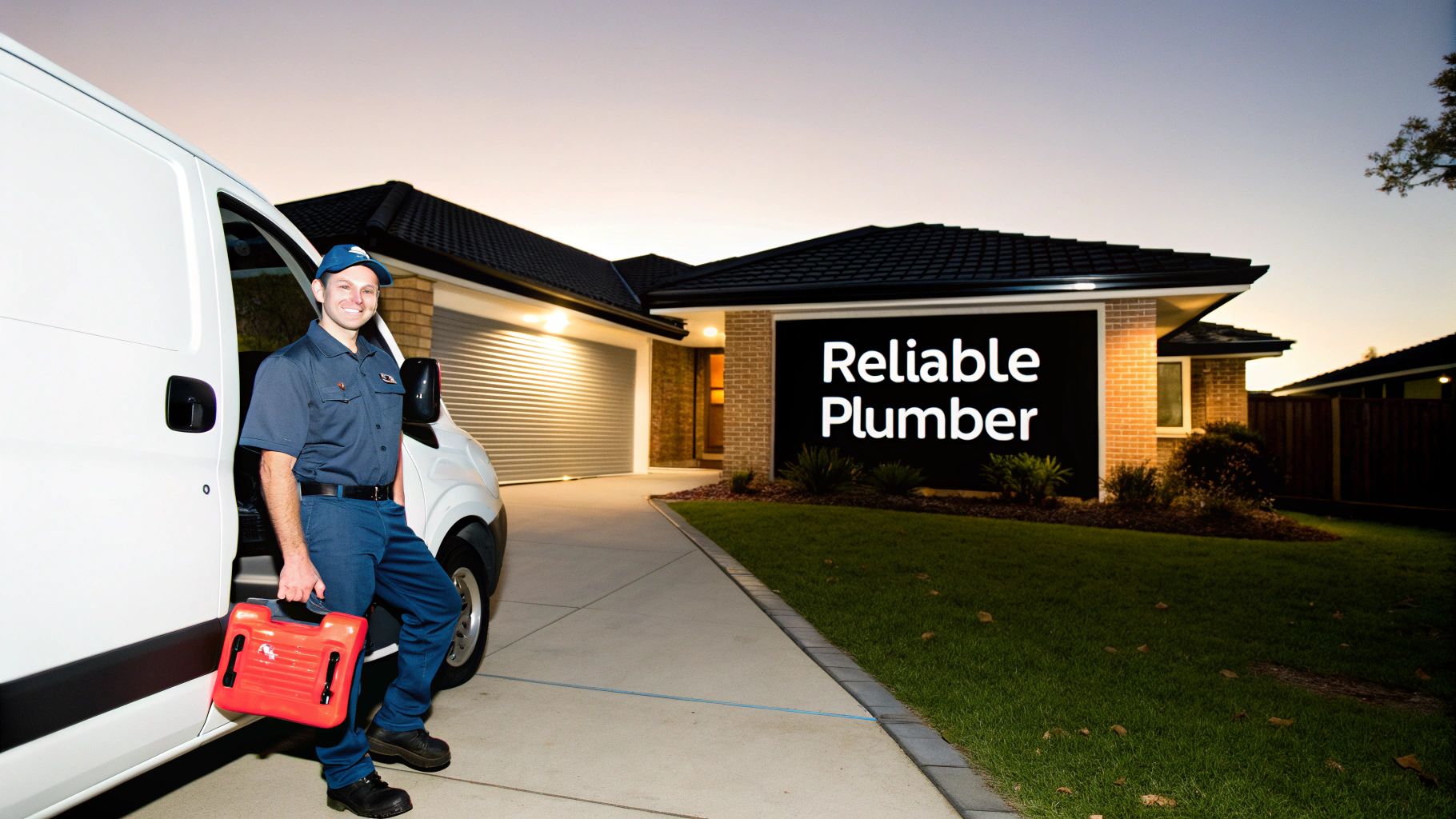 A smiling plumber in uniform stands by his white service van in front of a modern house at dusk.