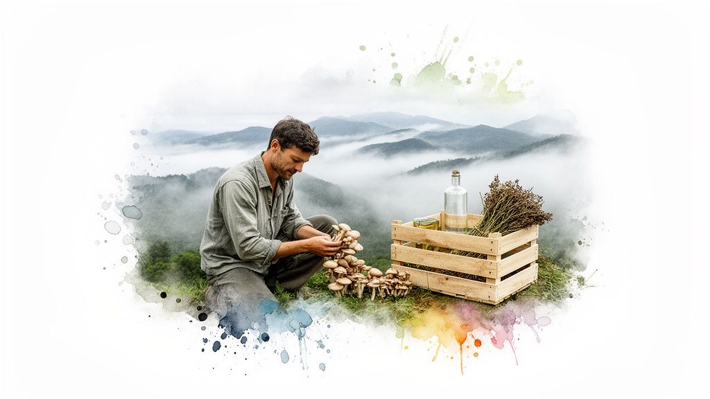 A man is harvesting mushrooms on a misty mountain with a wooden crate of natural products.