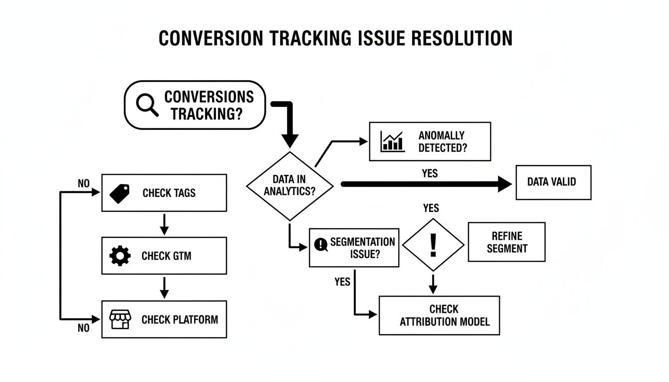 A detailed flowchart outlining steps for resolving conversion tracking issues in analytics.
