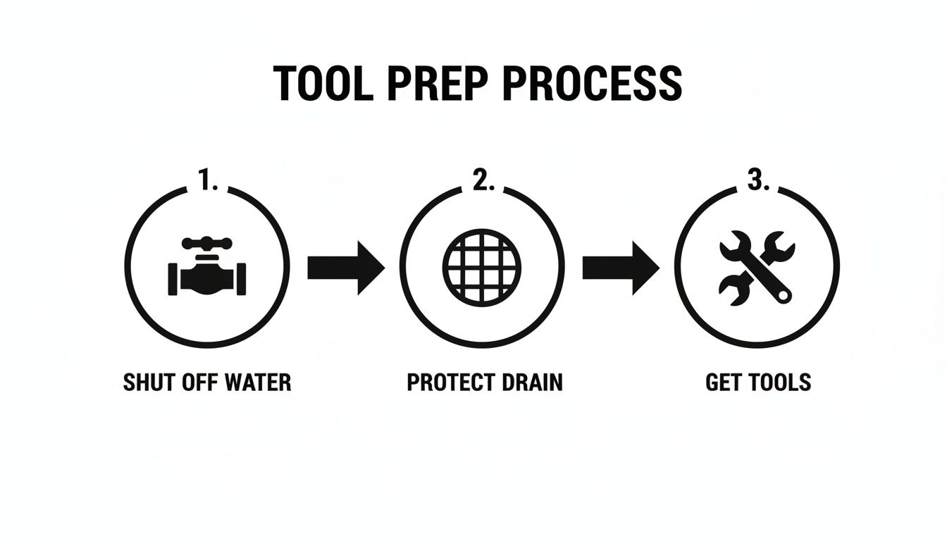A three-step tool preparation process diagram showing shut off water, protect drain, and get tools.