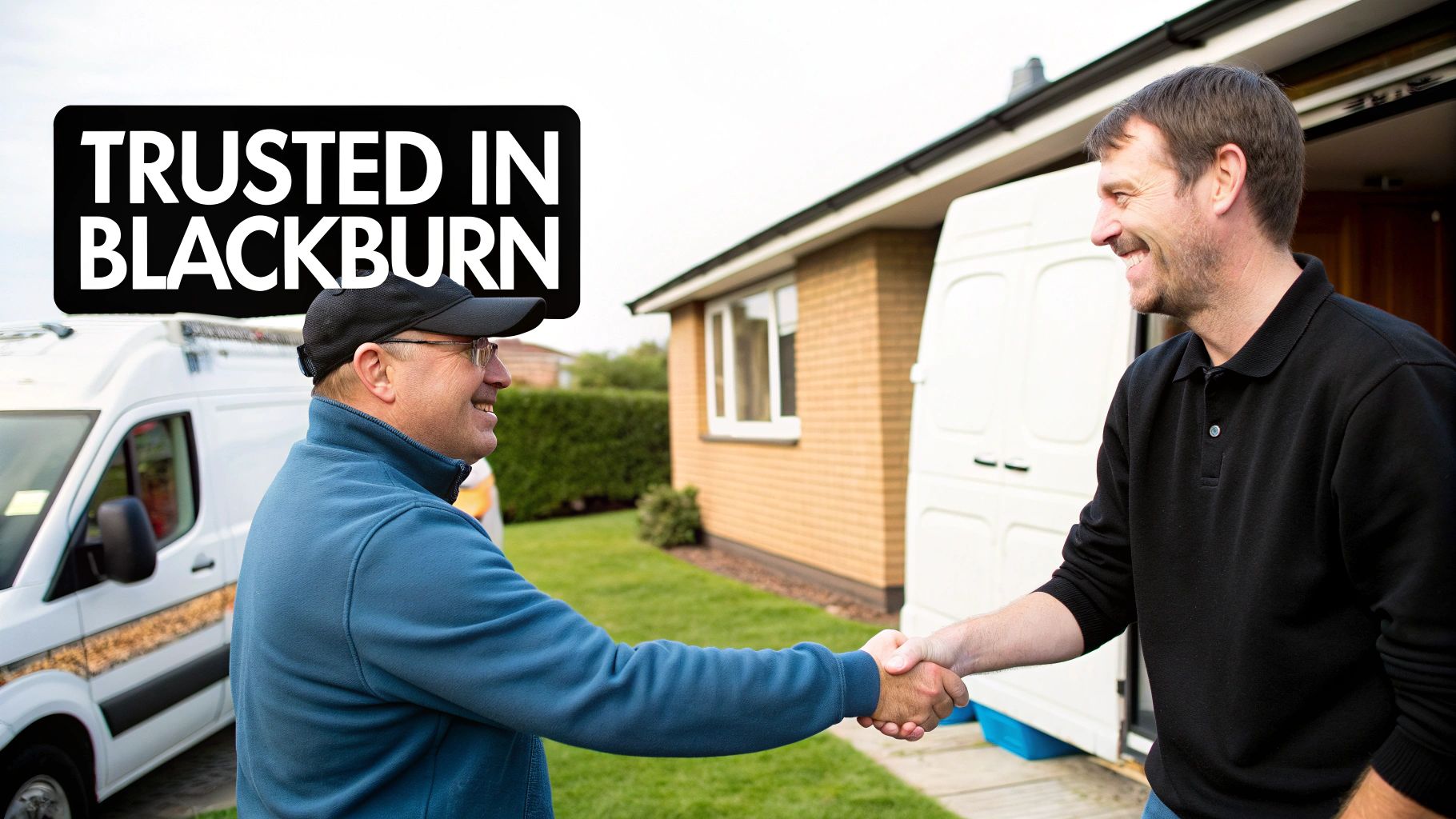 Two smiling men, a plumber and customer, shaking hands by a white van and a house.