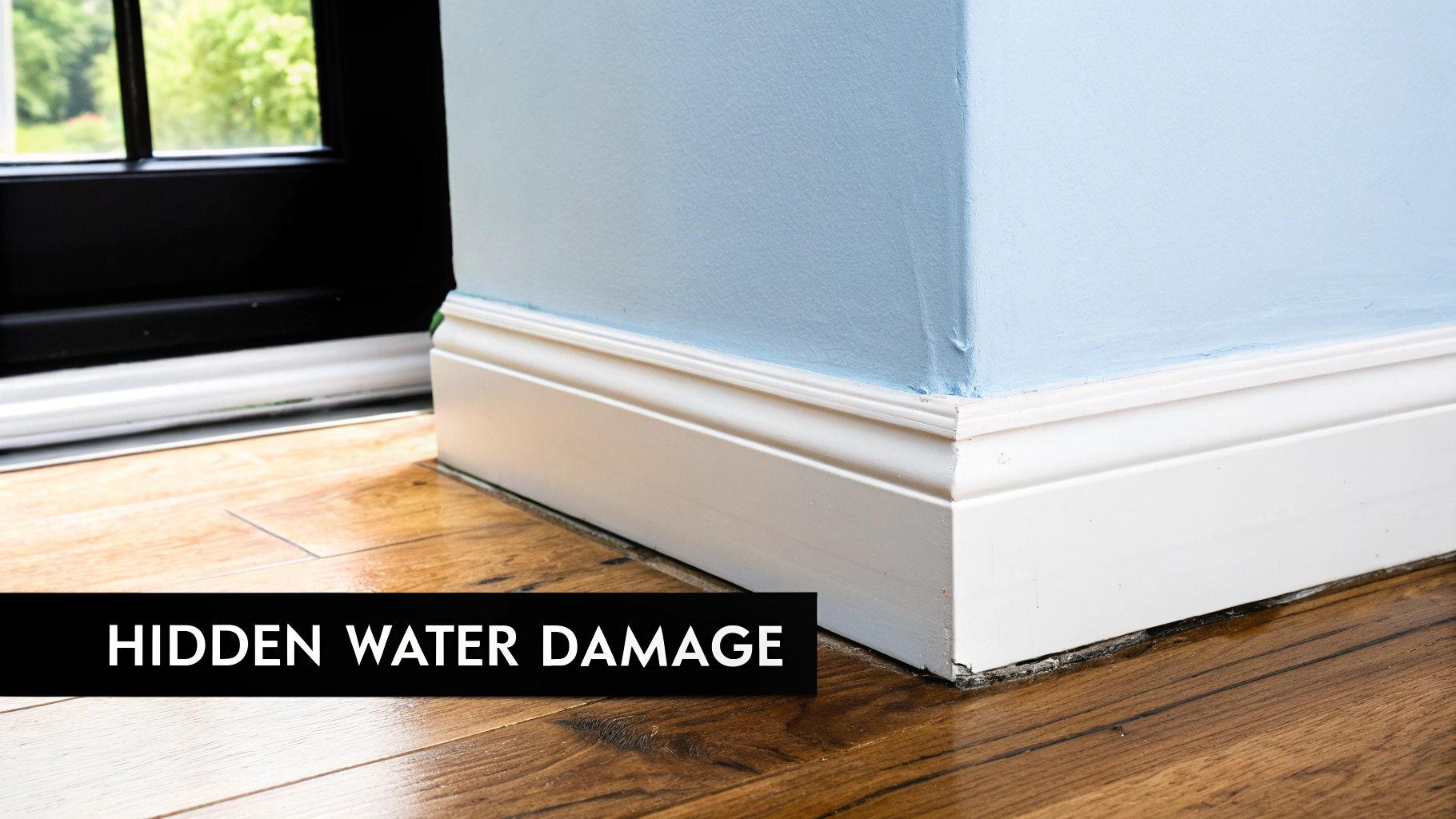 Close-up of a room corner with light blue walls, white baseboards, and hardwood floors showing clear signs of water damage.