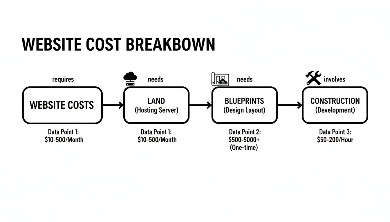 A detailed flowchart illustrating the breakdown of website construction costs, including hosting, design, and development.