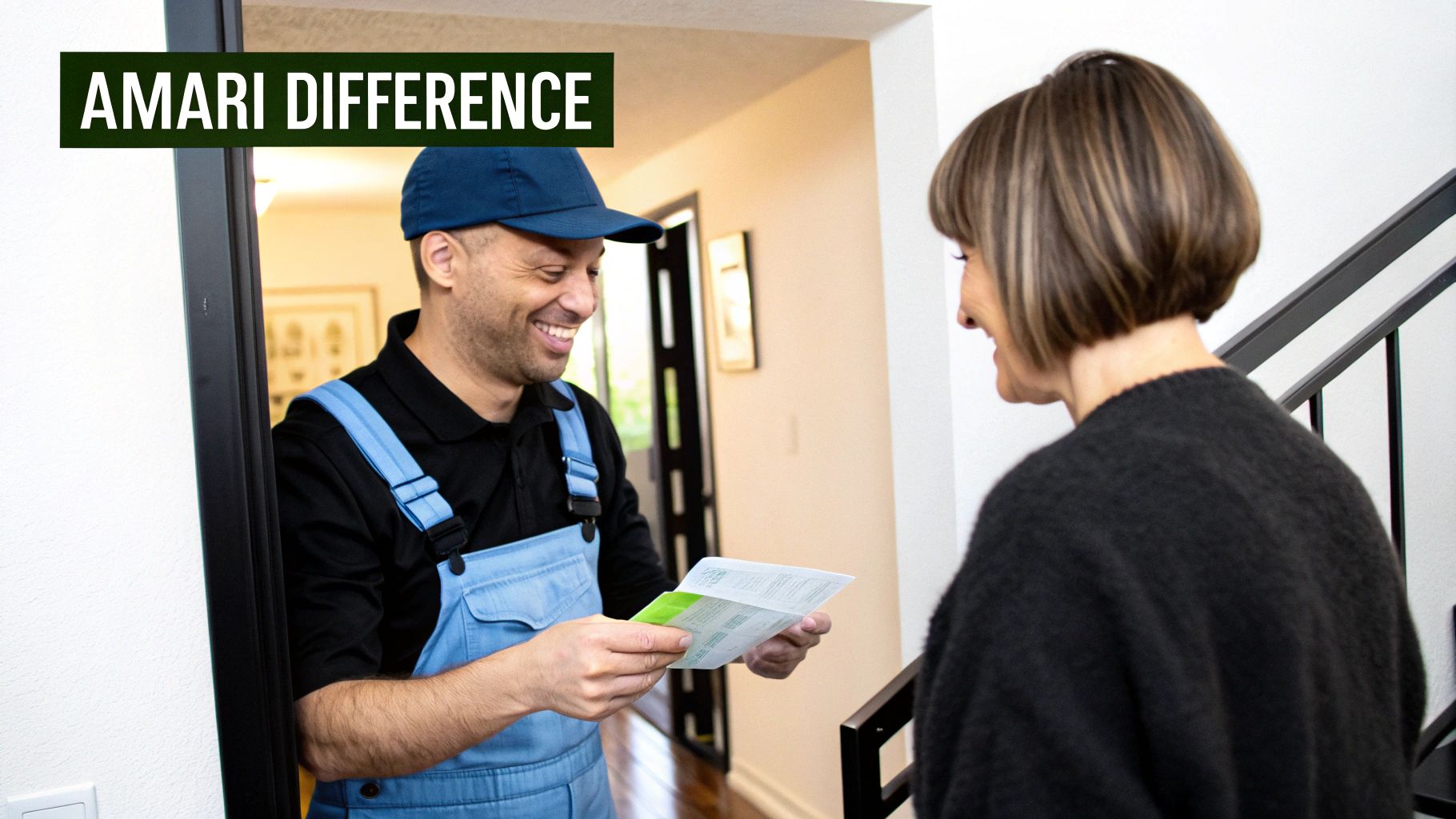 A smiling service technician in blue overalls handing a document to a female customer at her doorway.