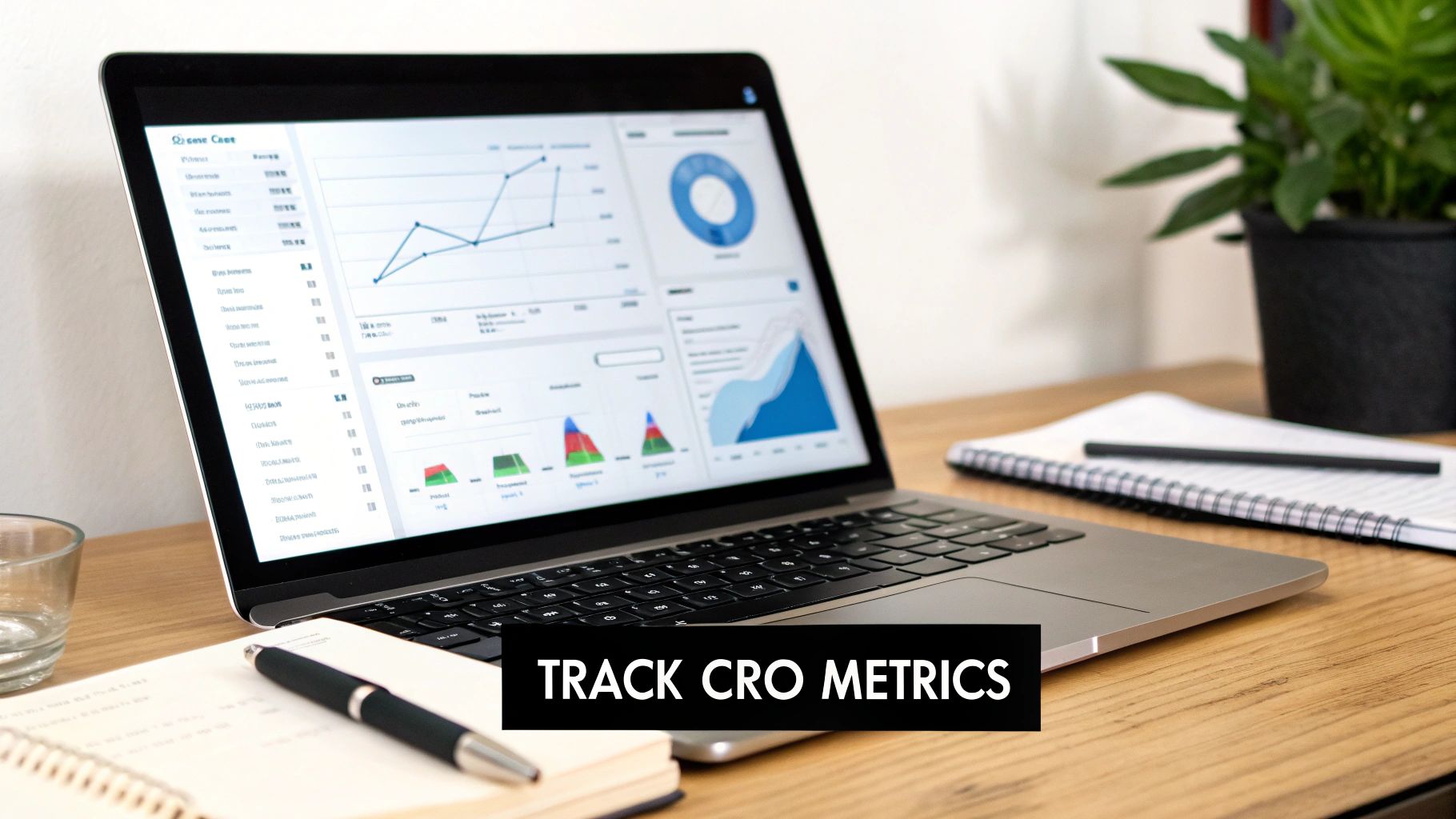Laptop tracking conversion rate optimization metrics with charts, graphs, notebook, and pen on a wooden desk.
