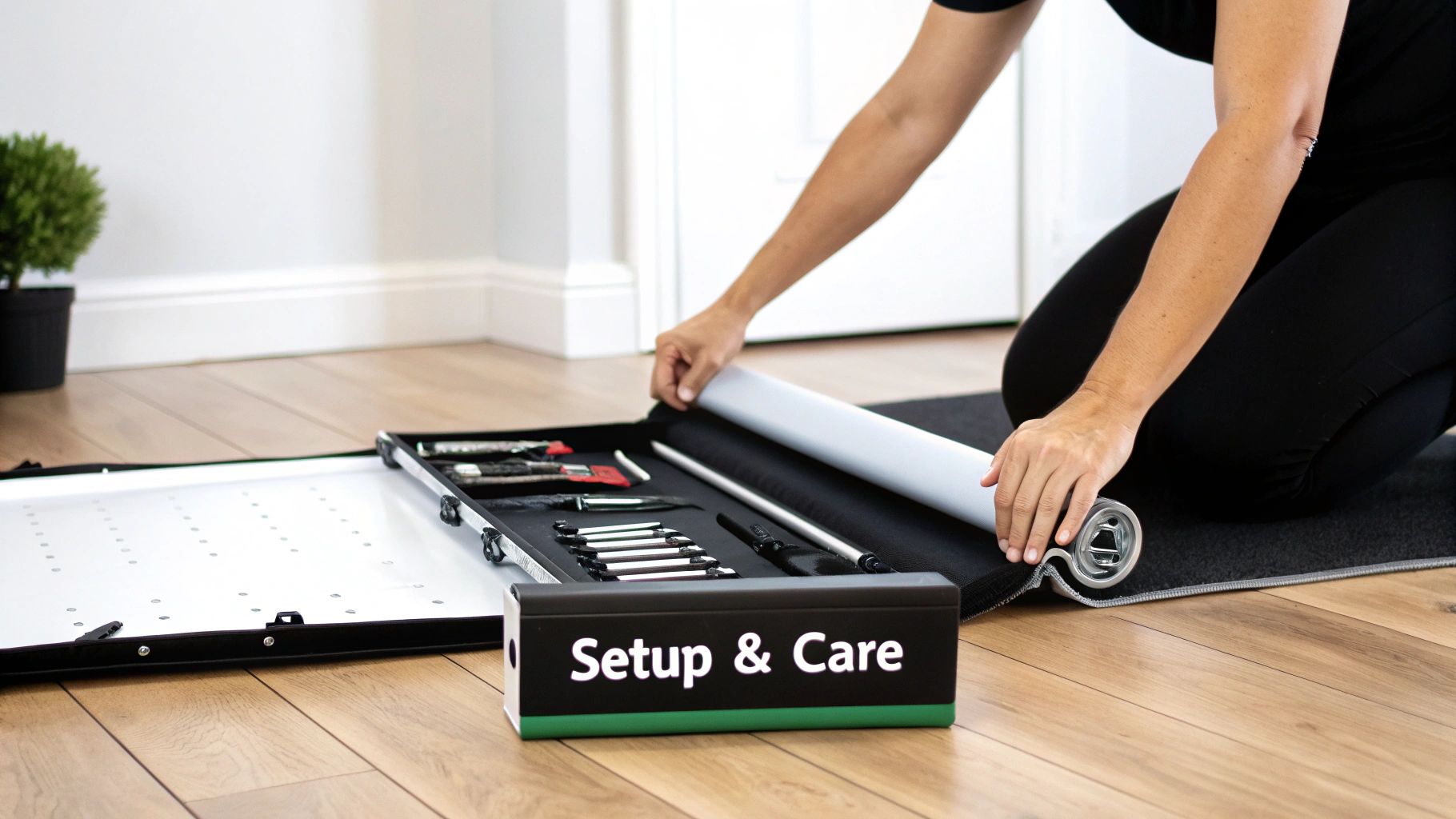 A person rolling up a portable pilates reformer mat next to an open toolkit and 'Setup & Care' box.