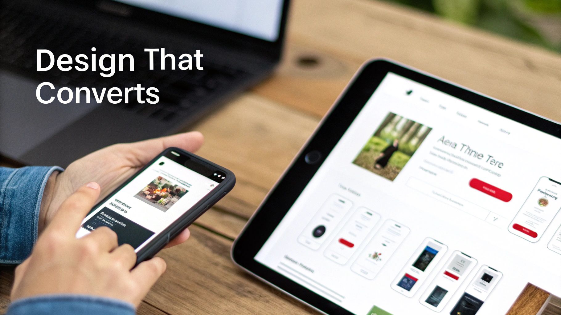 Hands holding a smartphone and tablet showing digital design interfaces, with a laptop in the background, illustrating responsive web design.