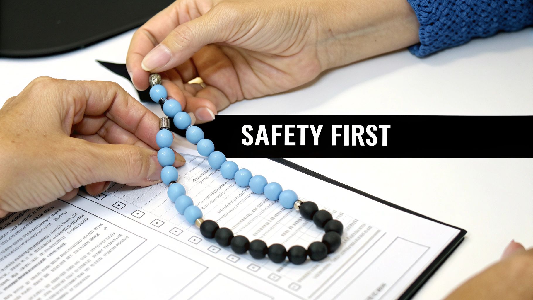 Hands assembling a blue and black beaded sensory necklace on a document, with "SAFETY FIRST" text overlaid.