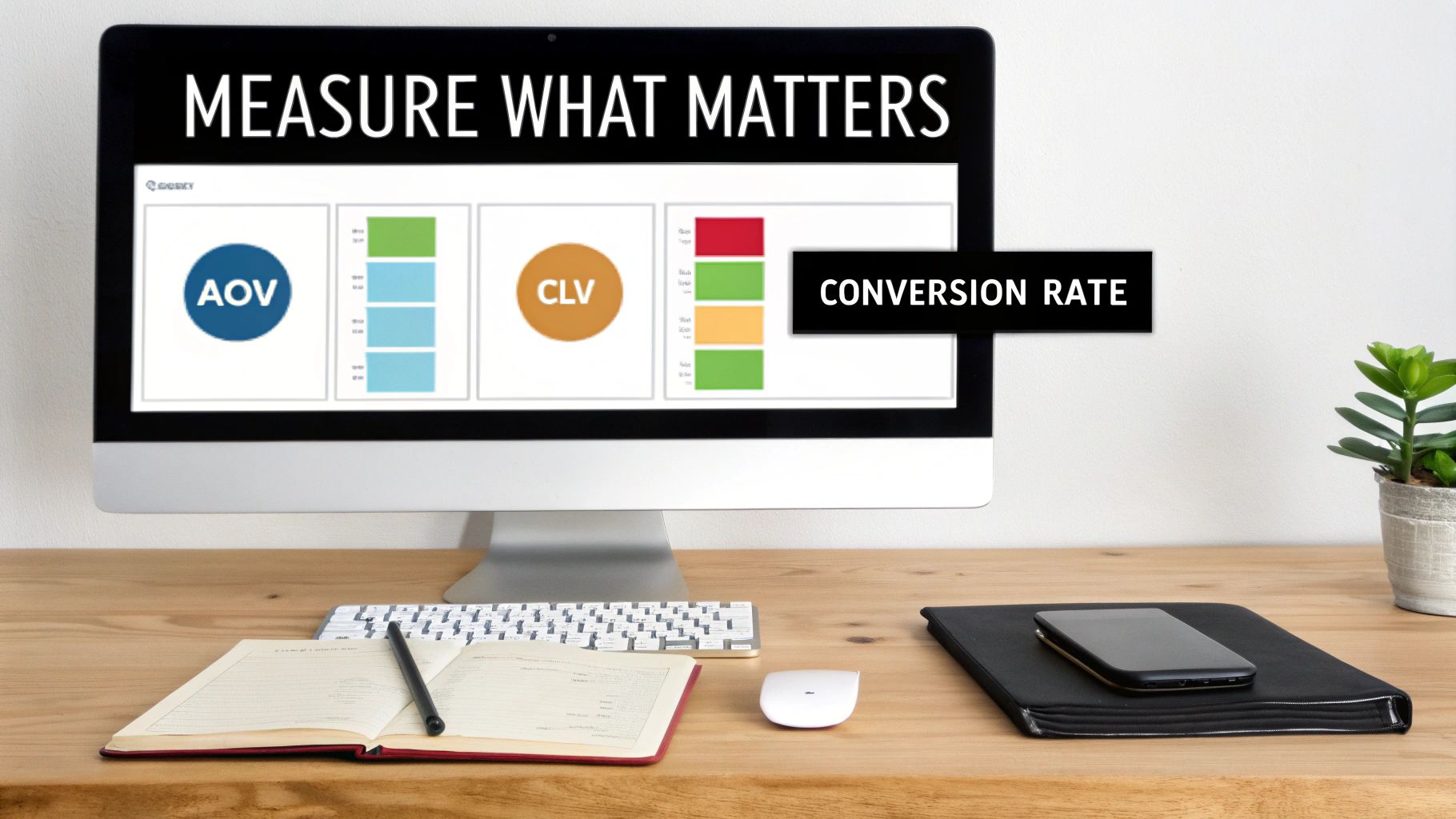 A computer monitor displaying a dashboard with key metrics like AOV, CLV, and CONVERSION RATE, on a tidy desk.