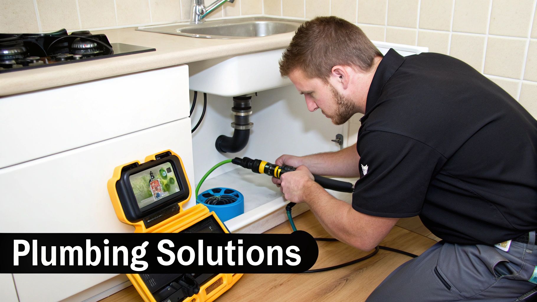 A plumber uses a pipe inspection camera under a kitchen sink to diagnose drainage issues.