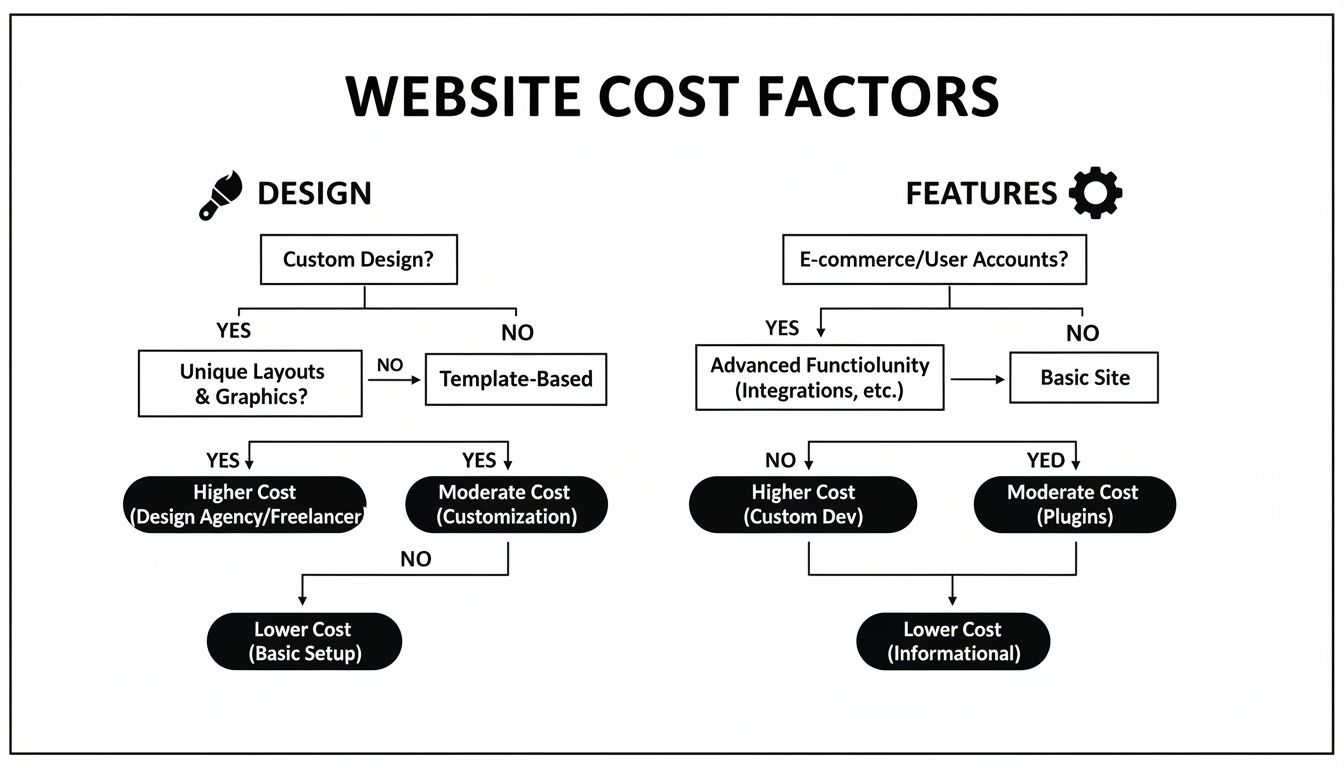 Flowchart illustrating website cost factors based on design choices and feature complexity.