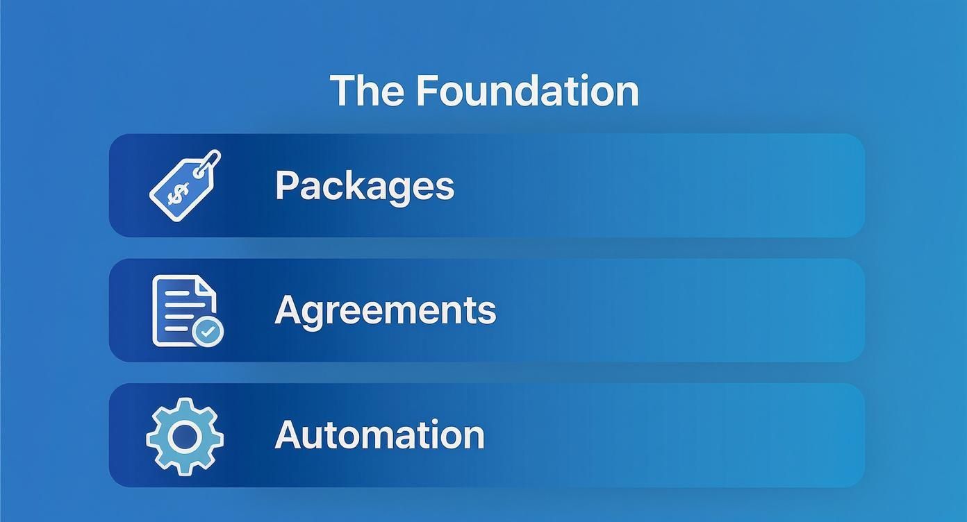 An illustration titled 'The Foundation' with three core elements: Packages, Agreements, and Automation, each with an icon.