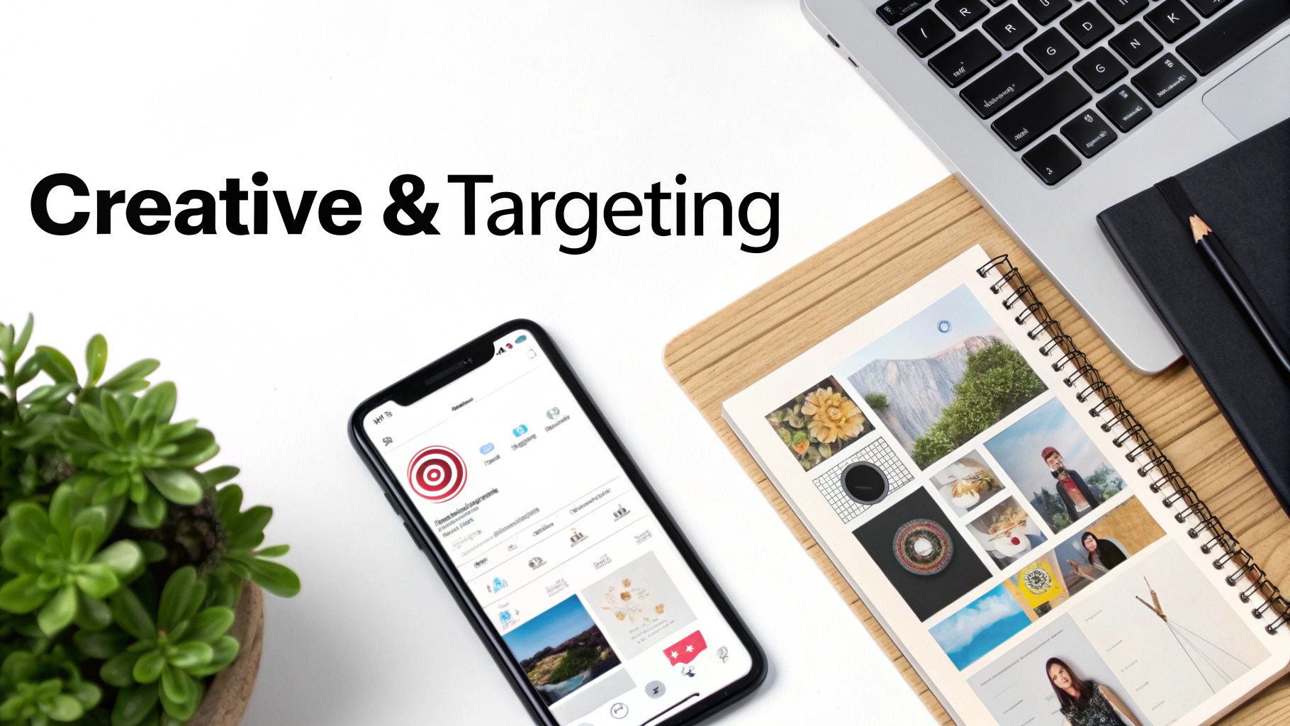 A modern creative workspace with a laptop, a smartphone displaying a social media profile, and a notebook with diverse visual content.