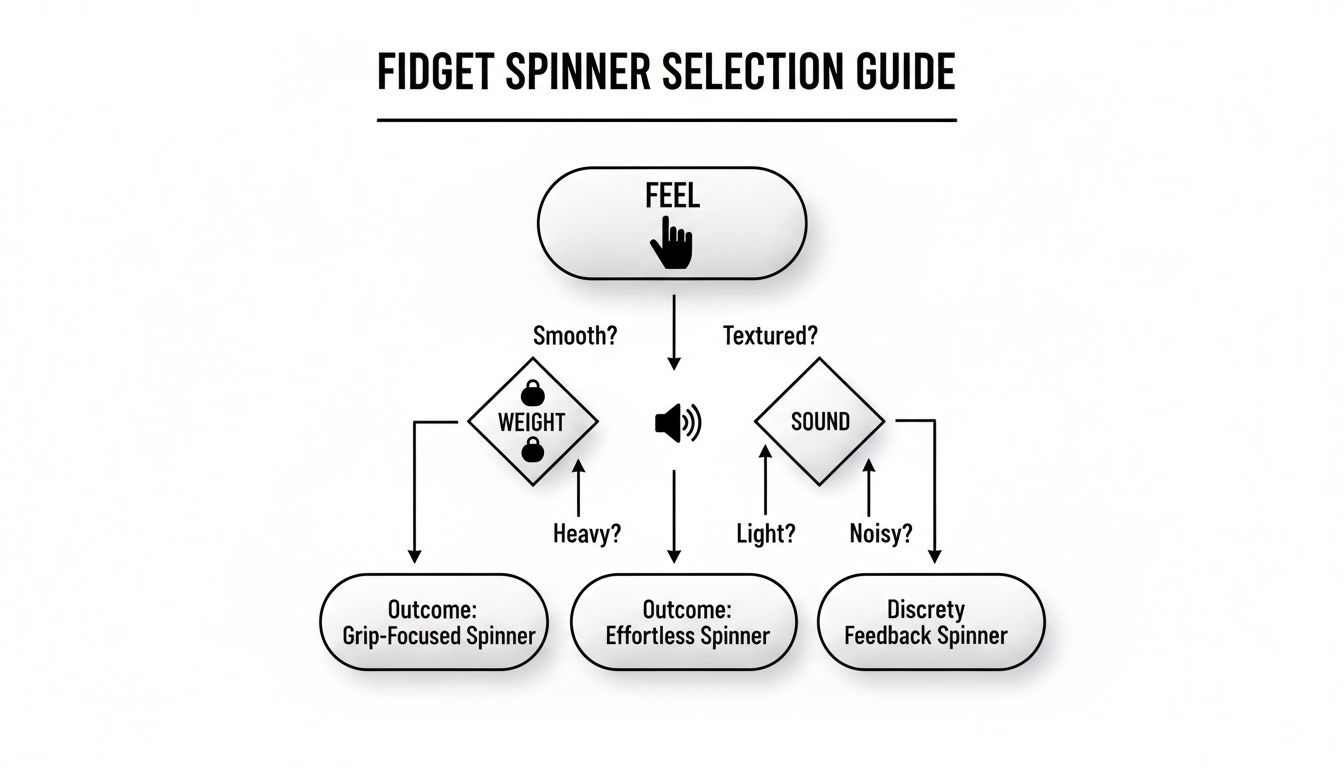 A flowchart guiding the selection of fidget spinners based on feel, weight, and sound preferences.