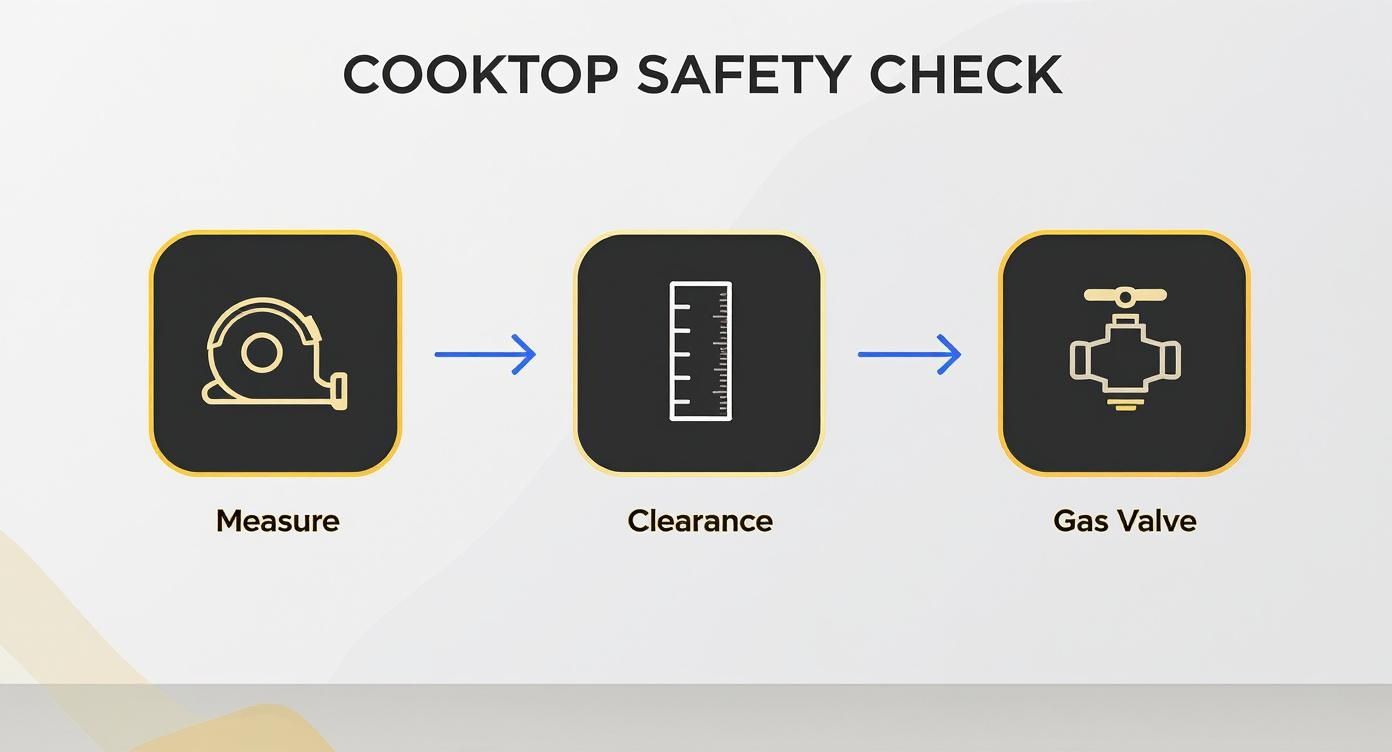Three step cooktop safety check process showing measure, clearance verification, and gas valve installation icons