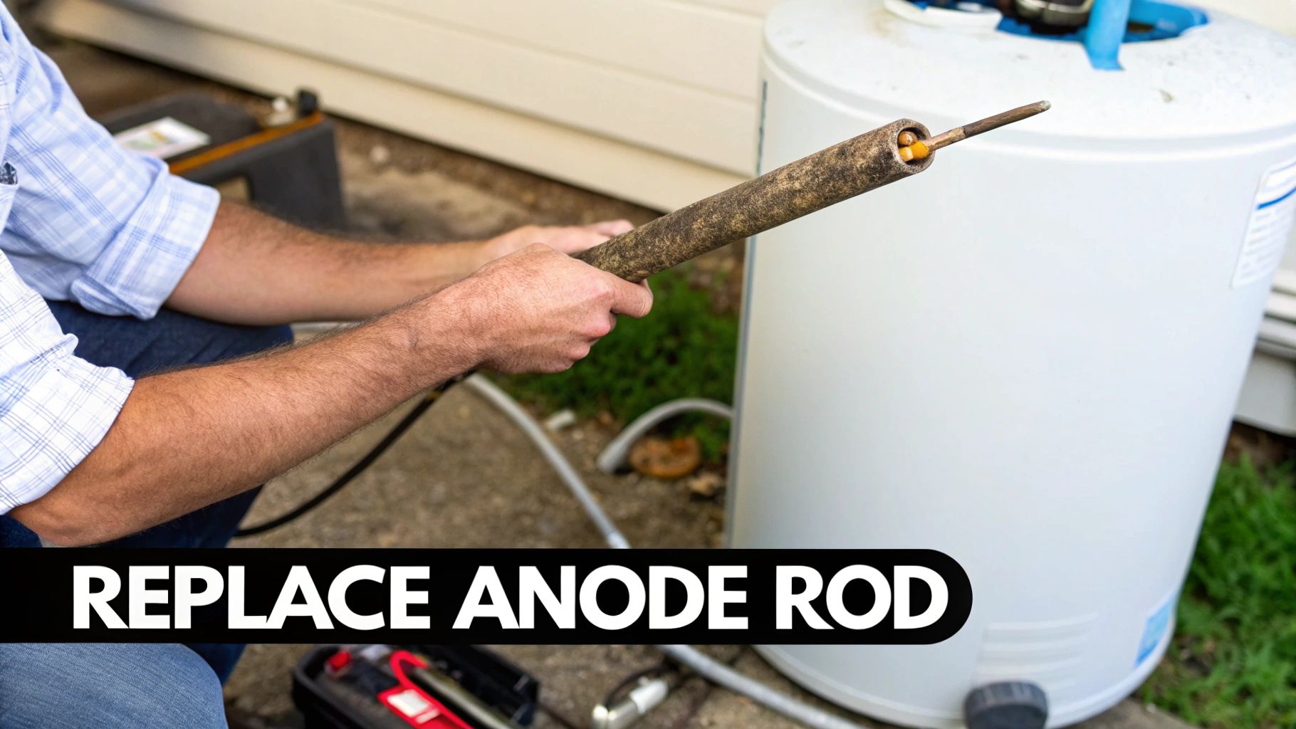 A person replacing a corroded anode rod from a hot water heater for maintenance.