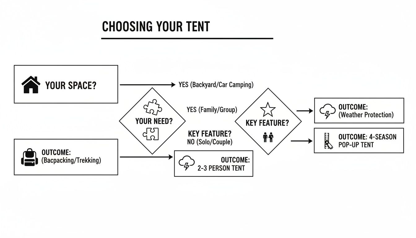 A flowchart titled 'Choosing Your Tent' guiding users through tent selection based on space, need, and features.
