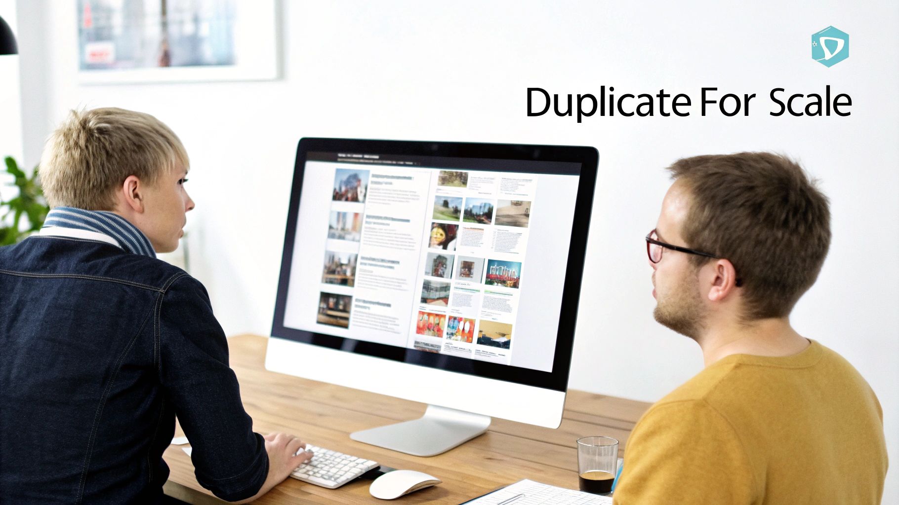 Two people are focused on a computer screen displaying a webpage with images and text, working together.