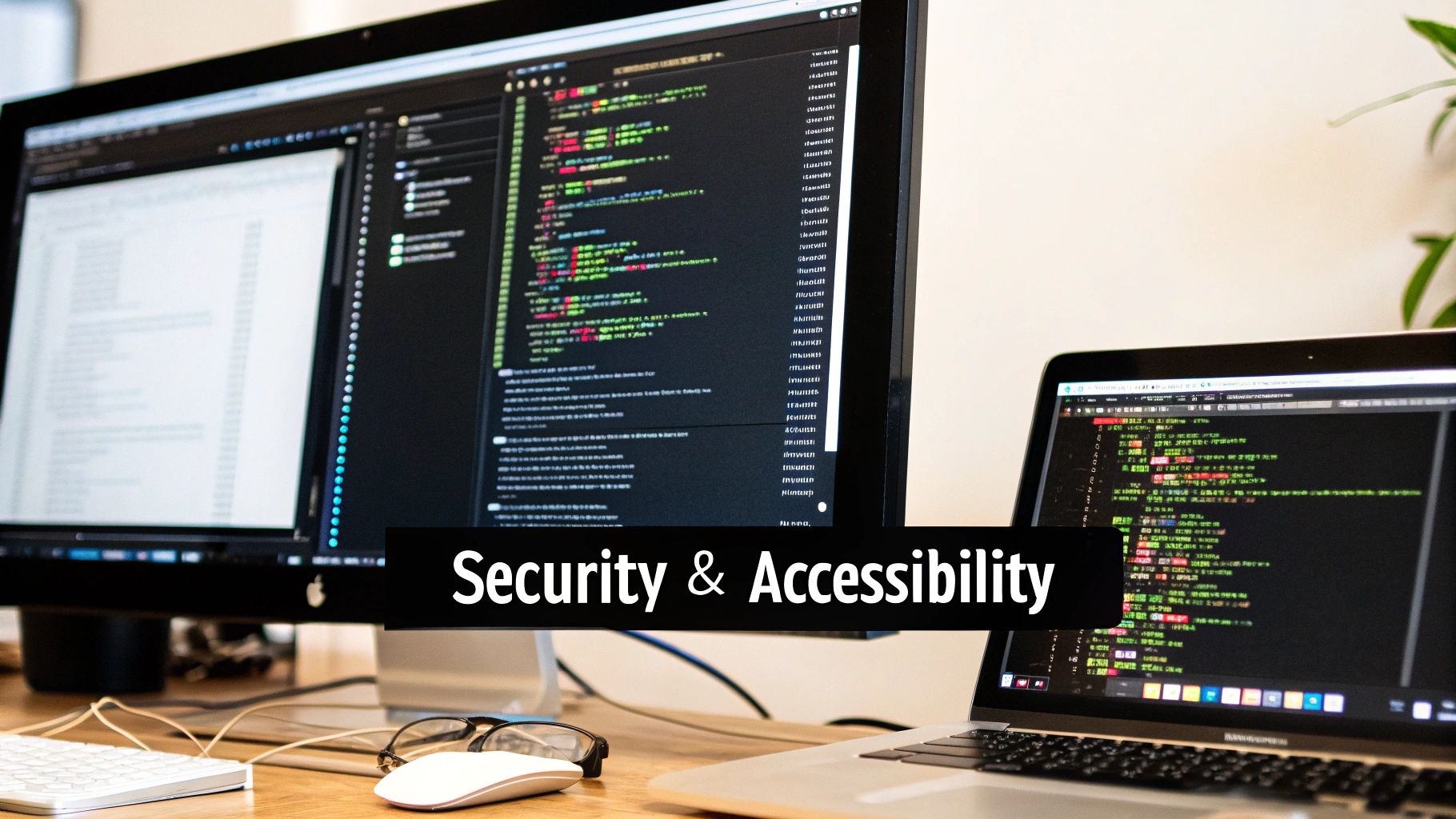 Two computer screens displaying code, a keyboard, mouse, and glasses on a wooden desk with a 'Security & Accessibility' overlay.