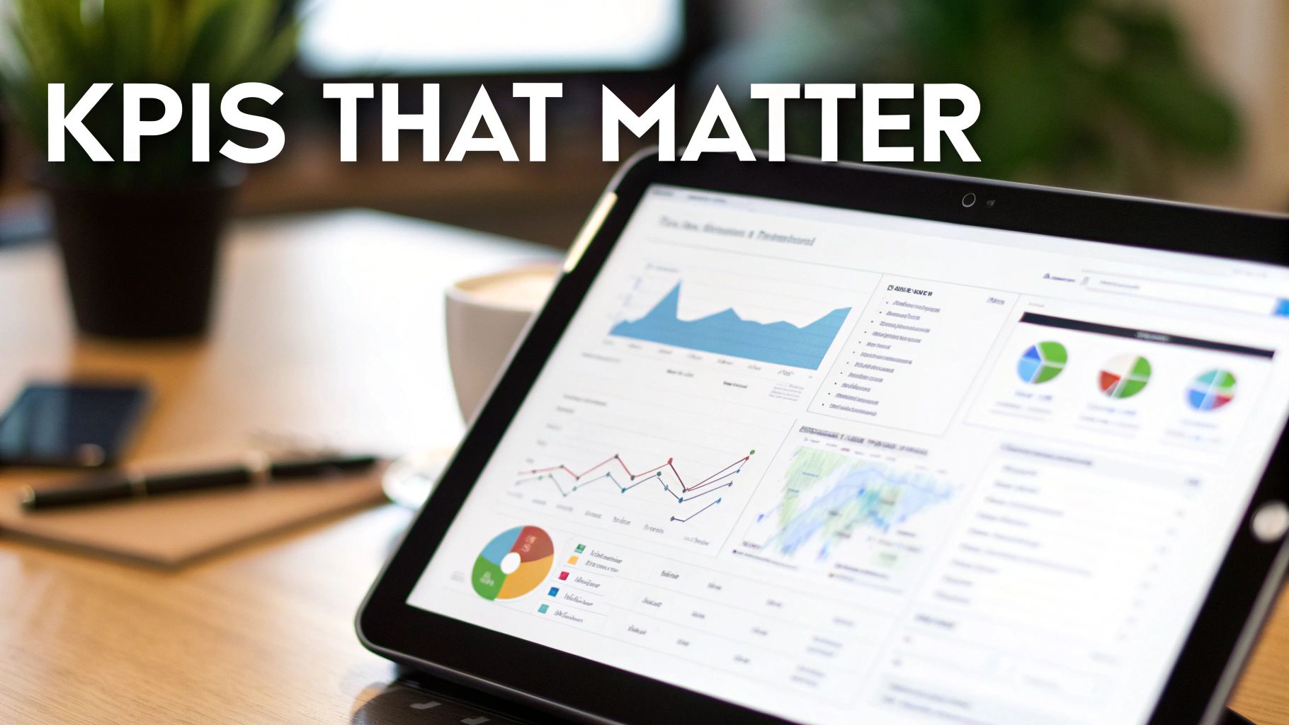 A tablet on a wooden desk displays various business KPI charts and graphs with the text overlay 'KPIS THAT MATTER'.