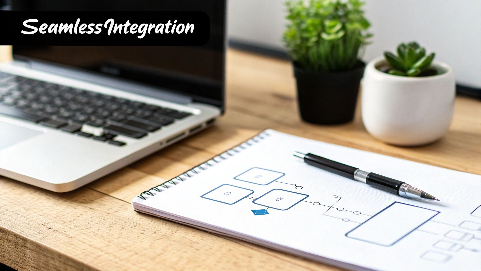 A close-up of a modern desk with a laptop, a notebook with a diagram, a pen, and small plants. Text reads 'Seamless Integration'.