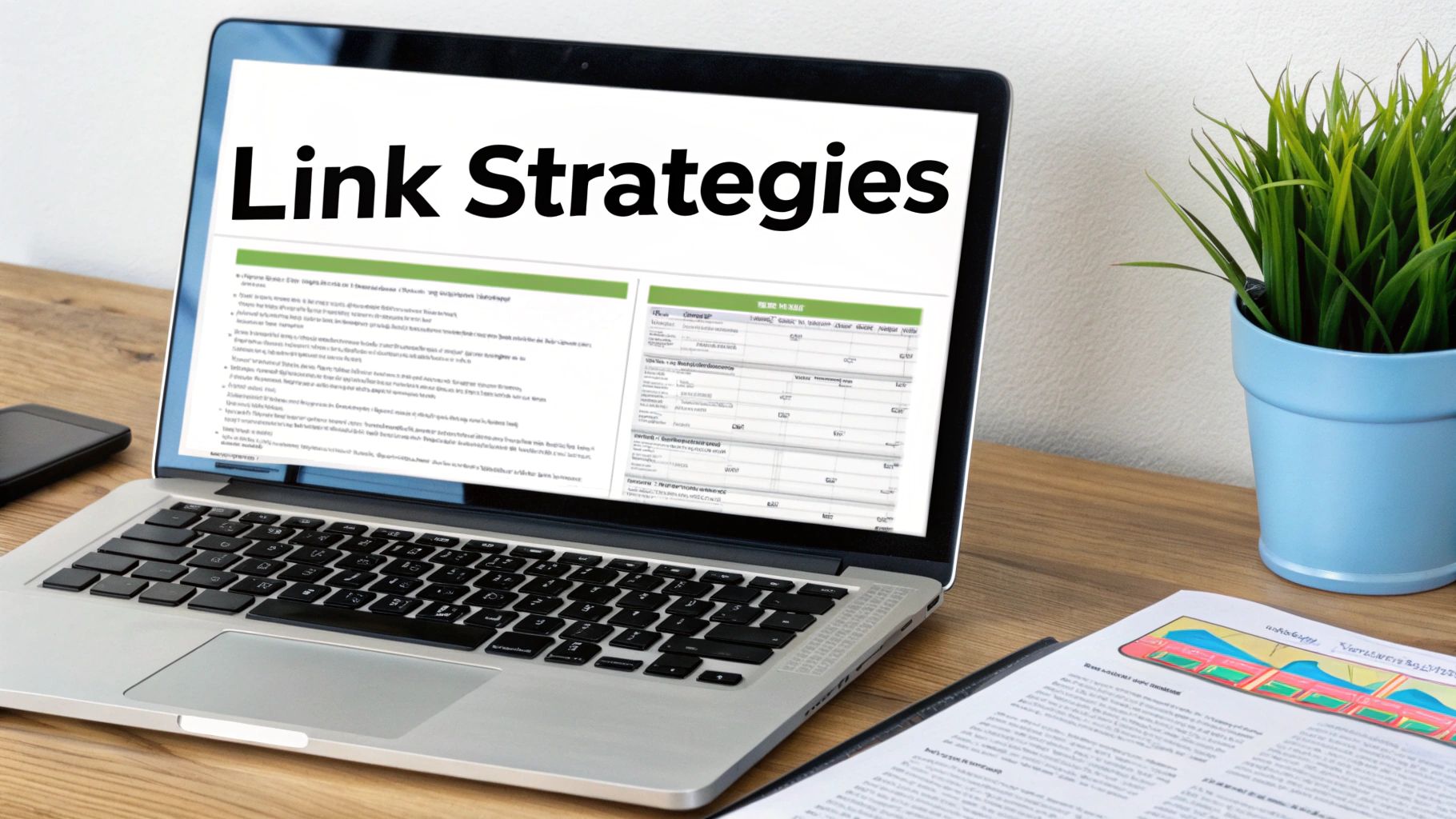 A laptop on a wooden desk displays "Link Strategies" content with text, tables, and charts.