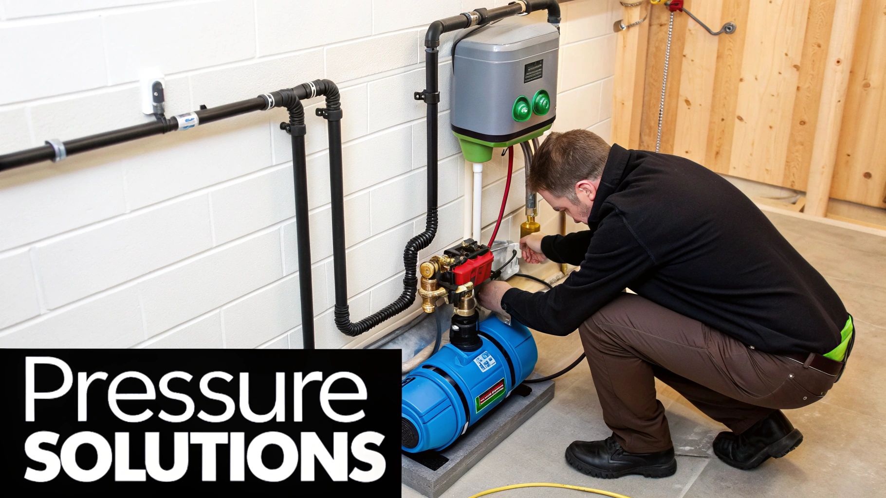 A technician works on a modern water pressure system with a blue pump and black pipes.
