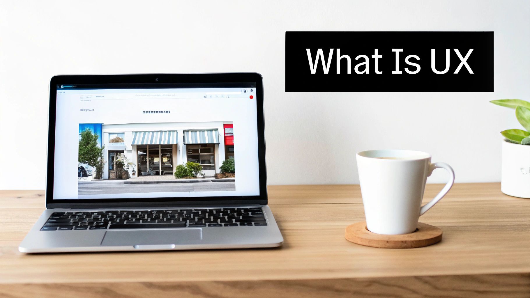 Laptop displaying storefront website on wooden desk with coffee mug and What Is UX sign