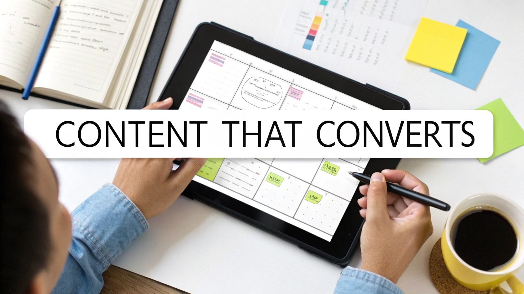 An overhead view of a person using a tablet to plan content, with 'CONTENT THAT CONVERTS' overlay.