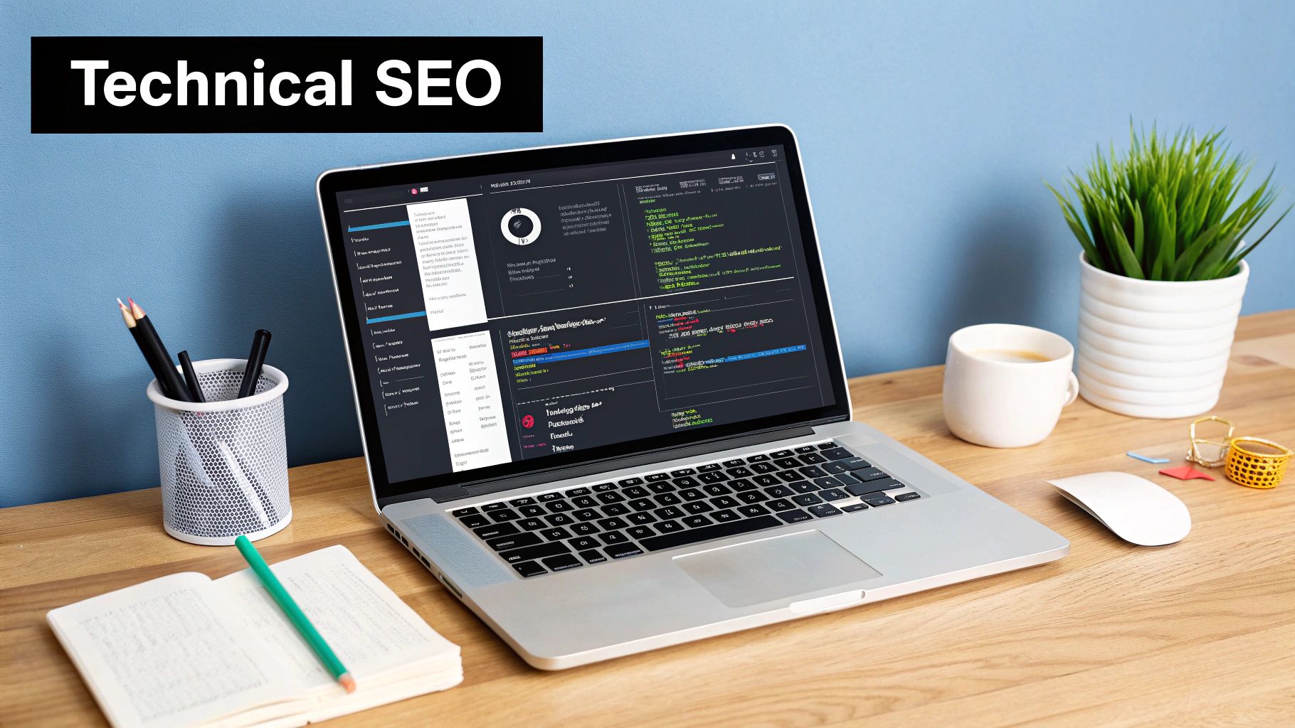 A laptop displaying a technical SEO dashboard on a wooden desk with office supplies.