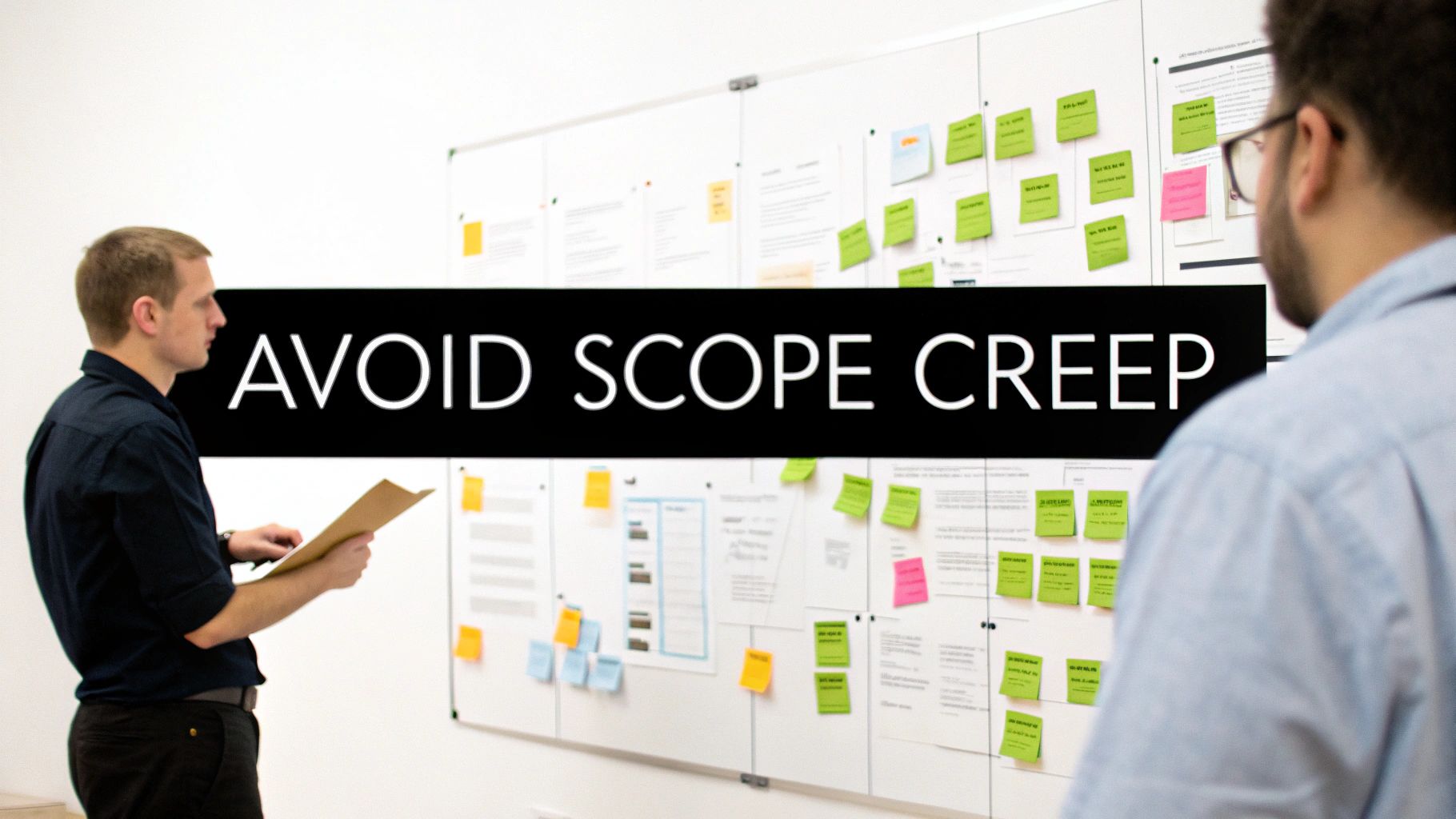Two men collaborate on project planning in front of a whiteboard with the text 'Avoid Scope Creep'.