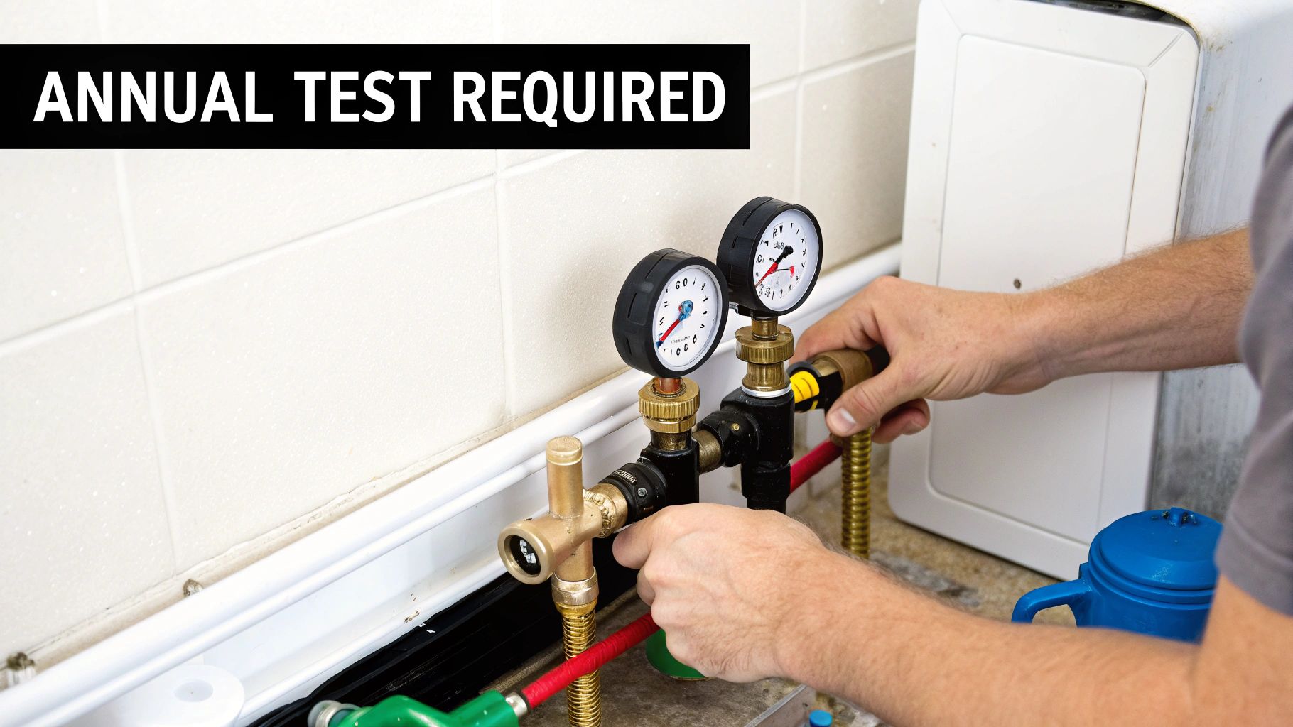A plumber performs an annual test on a backflow prevention valve system with pressure gauges.