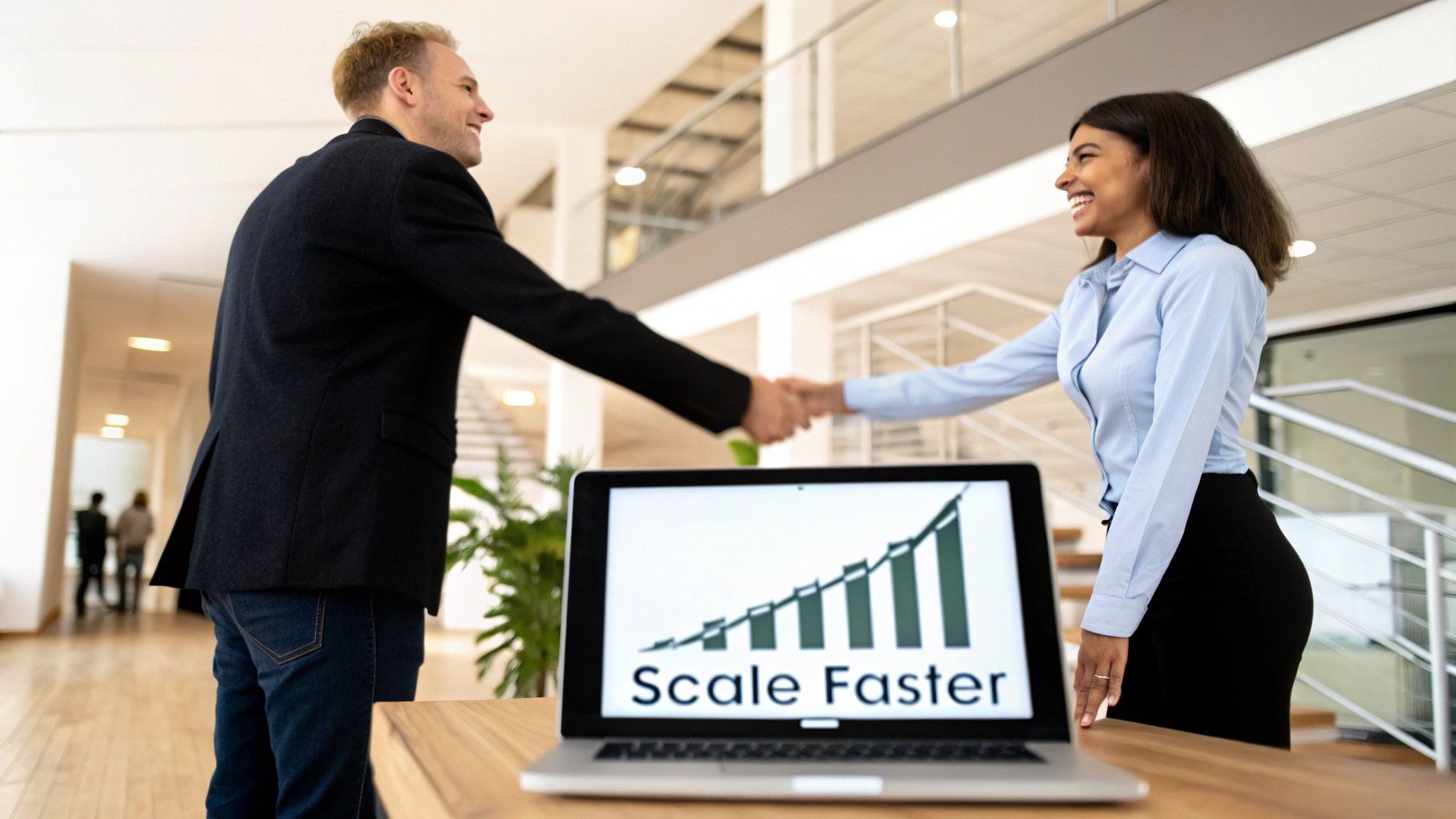 Two smiling business professionals shake hands in a modern office, with a laptop displaying a 'Scale Faster' growth chart.