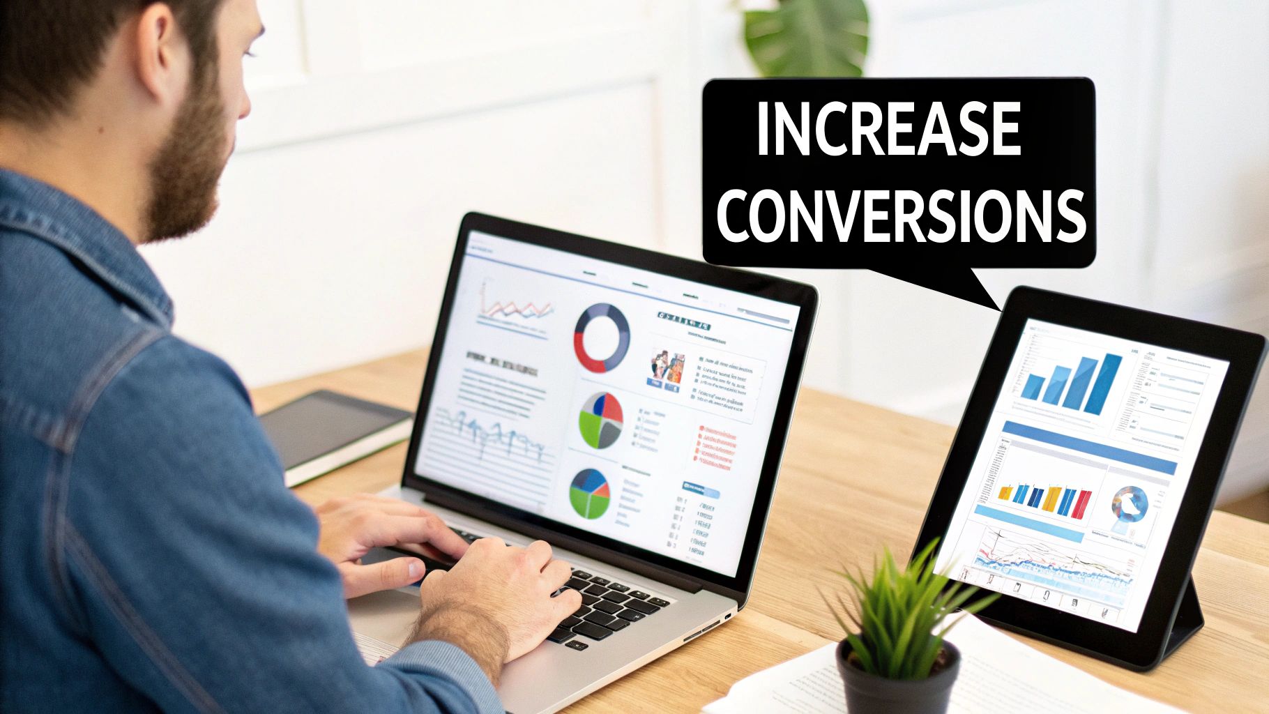 Person analyzing data on a laptop and tablet, with a speech bubble saying 'INCREASE CONVERSIONS'.