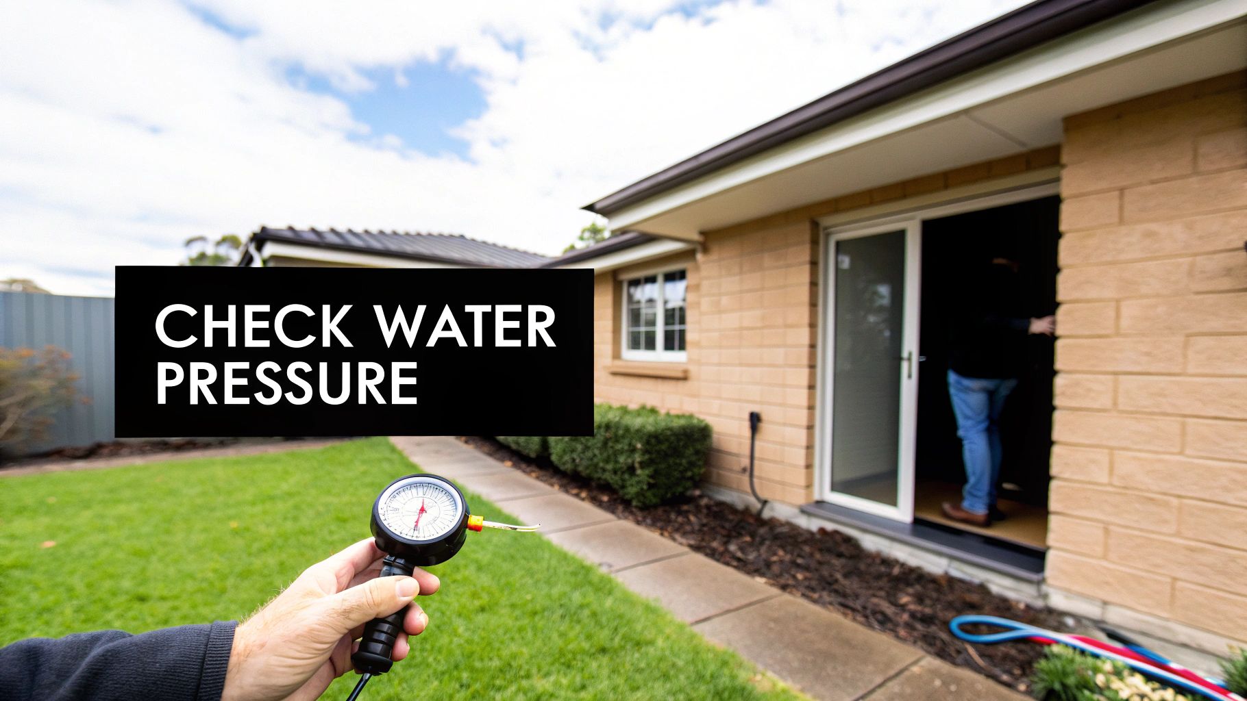 Hand holding a water pressure gauge in a residential garden, with a house and a 'CHECK WATER PRESSURE' sign.