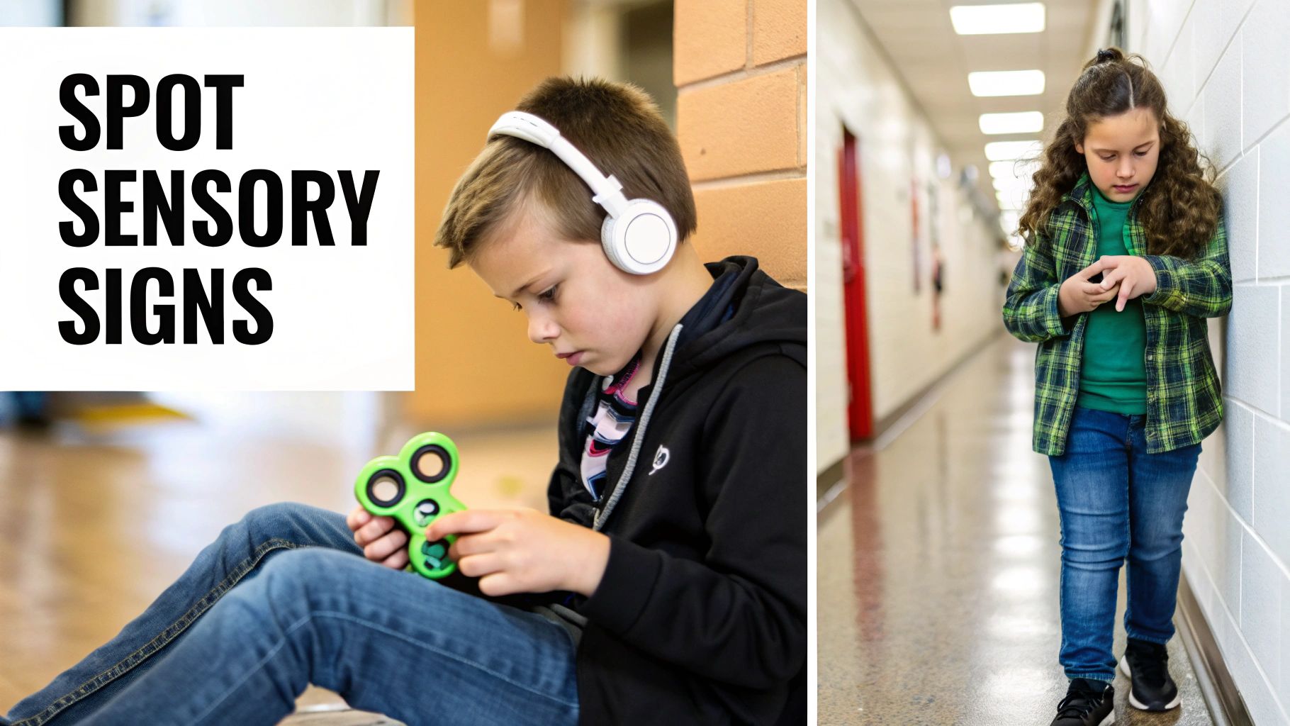 Two children displaying sensory processing behaviors: boy with headphones using fidget spinner, girl examining hands in hallway