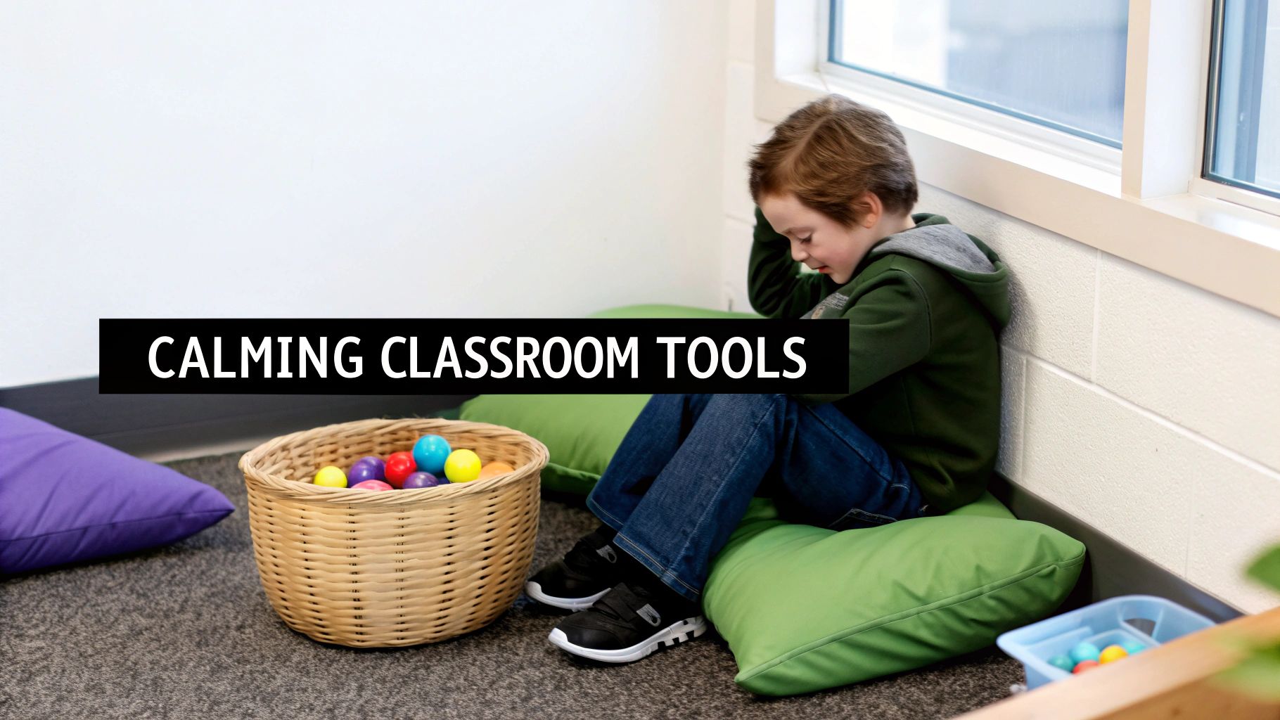 A young boy sits on green cushions next to a basket of colorful stress balls in a classroom.