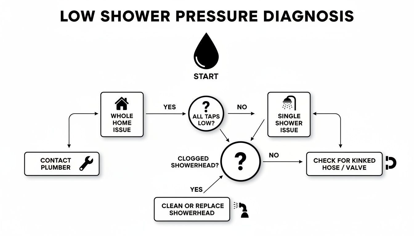 A flowchart diagram for diagnosing and troubleshooting low shower water pressure issues.