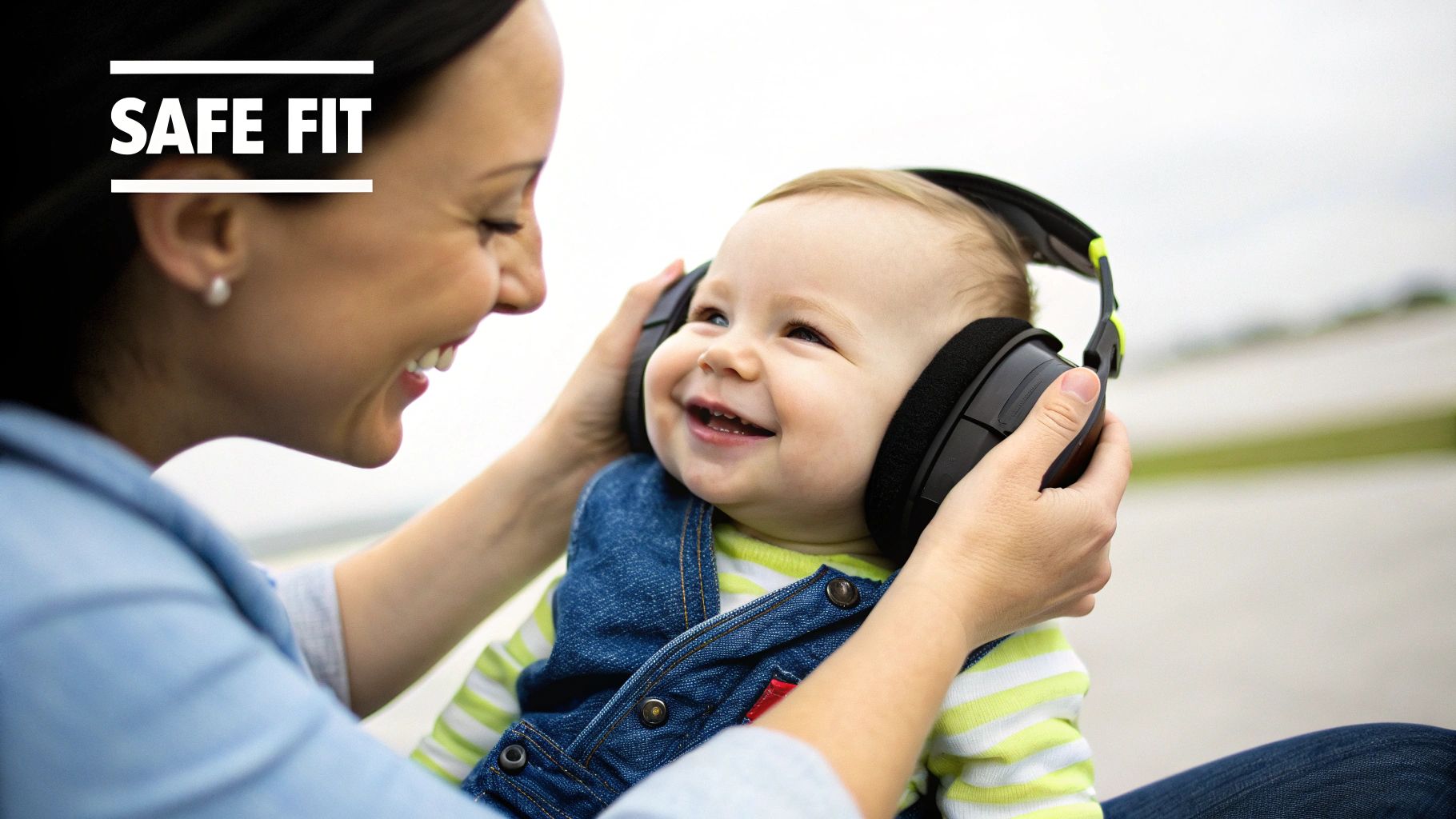A mother smiles at her happy baby wearing black and green noise-cancelling headphones, ensuring a safe fit.