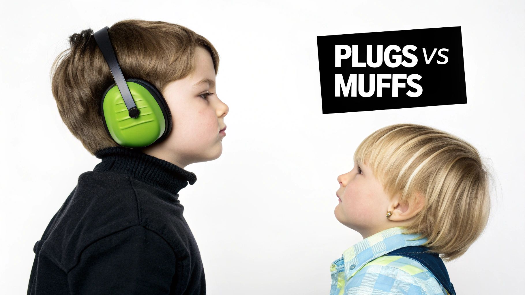 Two young children looking at each other, one wearing green ear muffs, with 'PLUGS VS MUFFS' text.