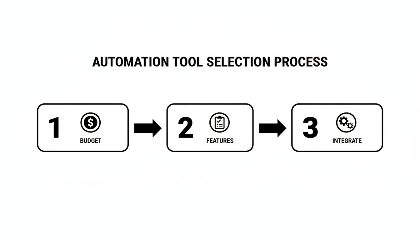 Flowchart outlining the automation tool selection process, covering budget, features, and integration steps.