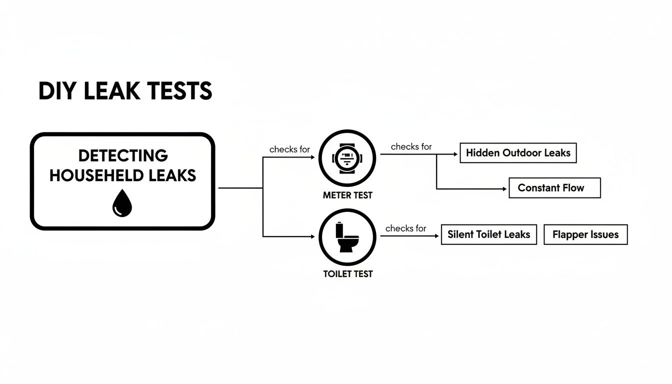 Flowchart showing DIY leak tests: meter test for outdoor leaks and constant flow, and toilet test for silent leaks.